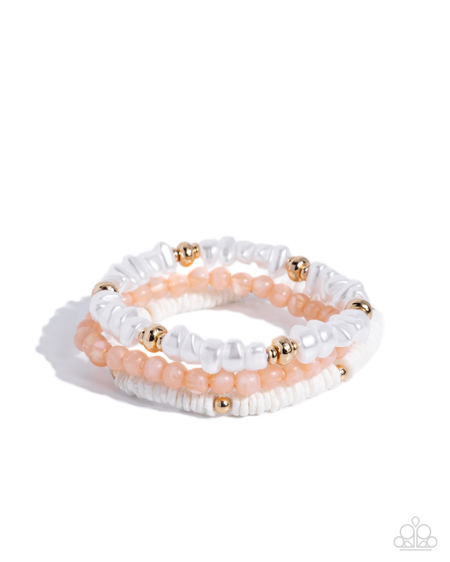 Set of white and peach beaded bracelets with gold accents on a white background
