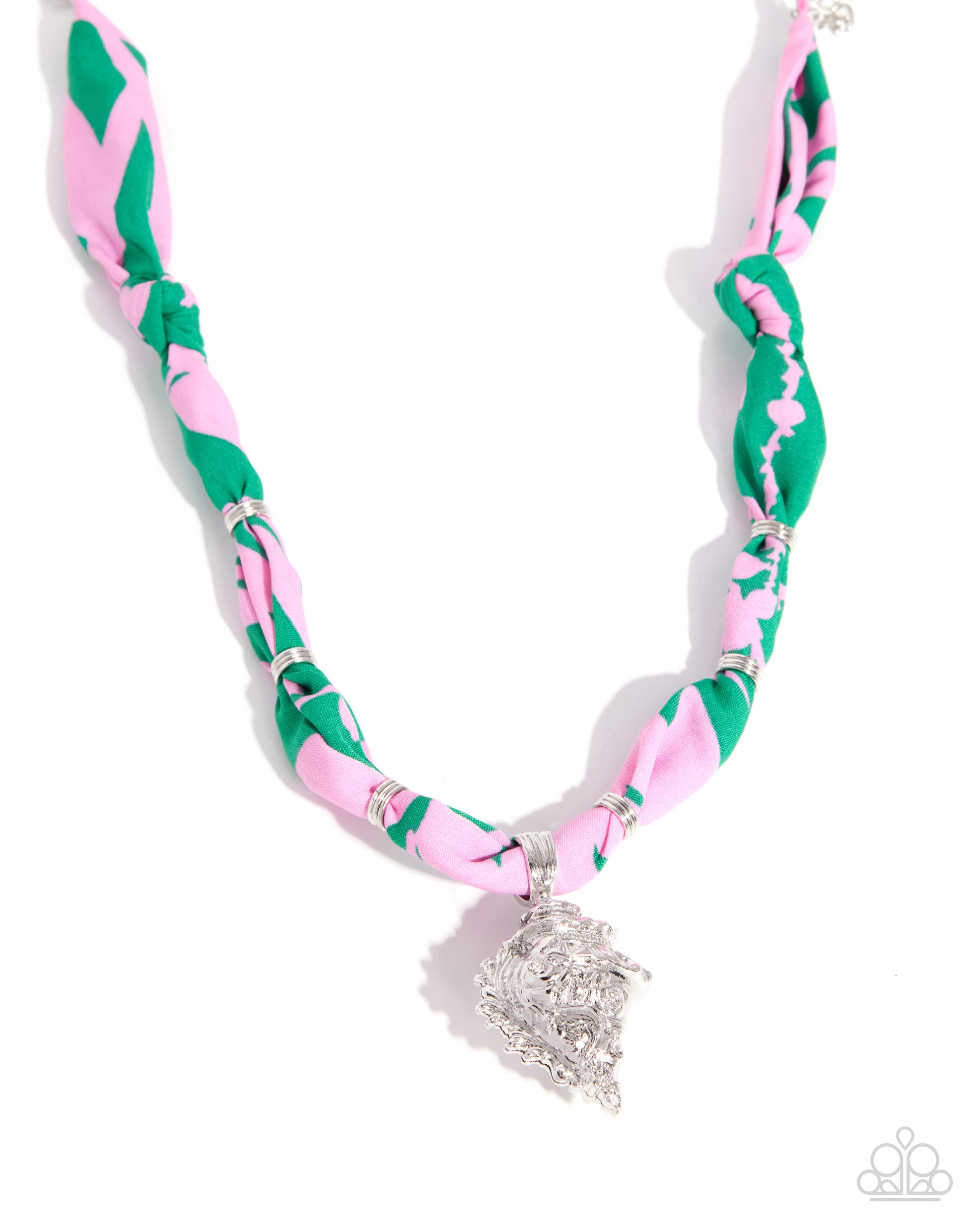 Necklace with pink and green pattern and silver clasp on white background