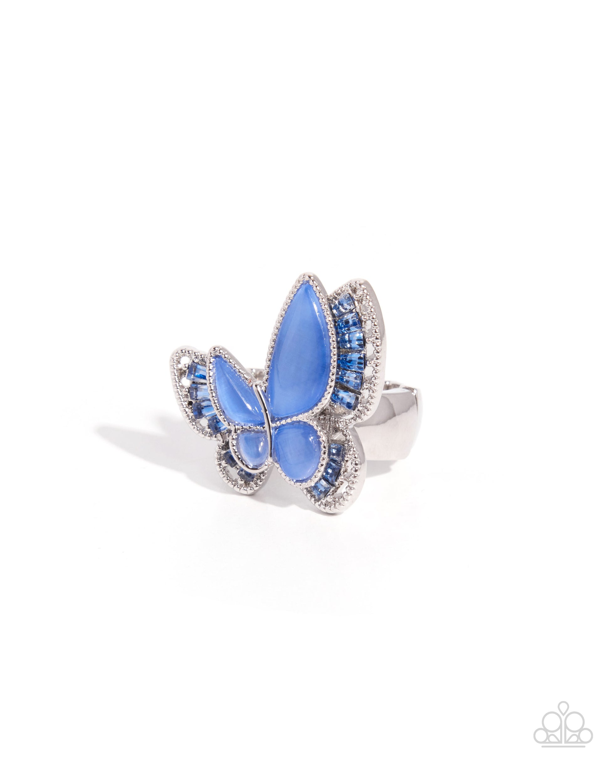 A butterfly-shaped ring featuring light blue cabochon stones set in a silver-toned metal with small clear stones, photographed on a clean white background.