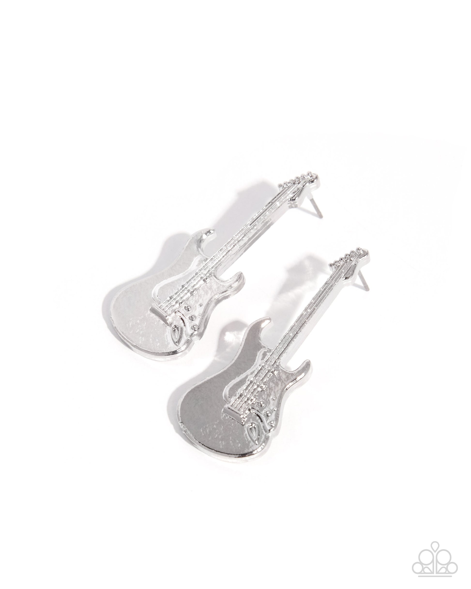 A pair of silver-toned guitar-shaped stud earrings on a clean white background.