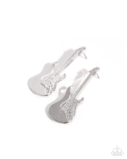 A pair of silver-toned guitar-shaped stud earrings on a clean white background.