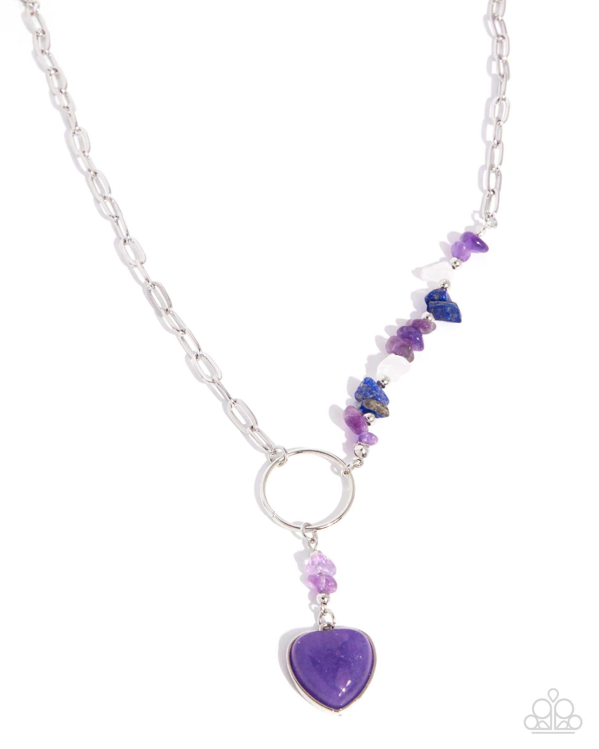 Necklace with purple heart pendant and multicolored beads on a white background