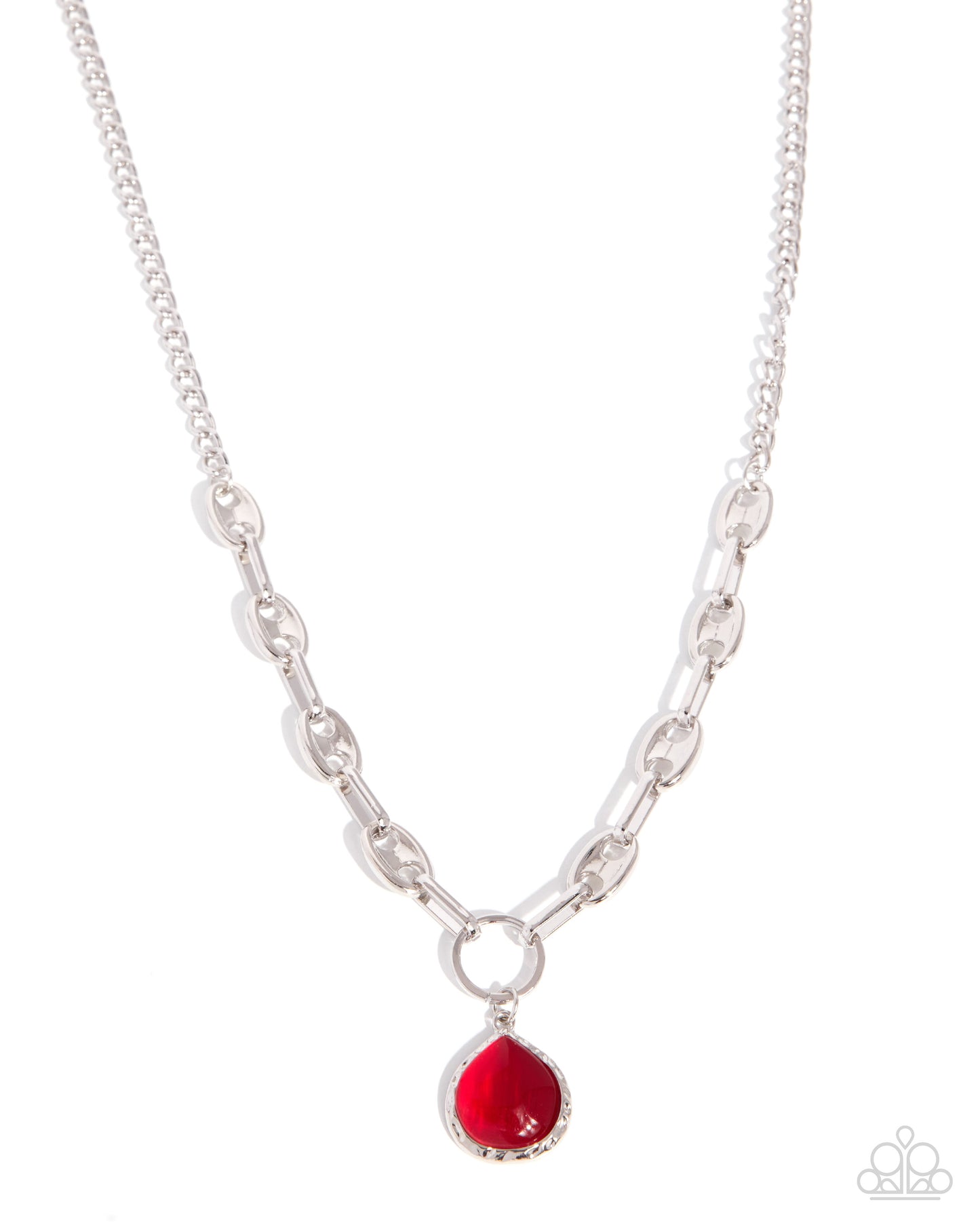 Silver chain necklace with a red pendant on a white background