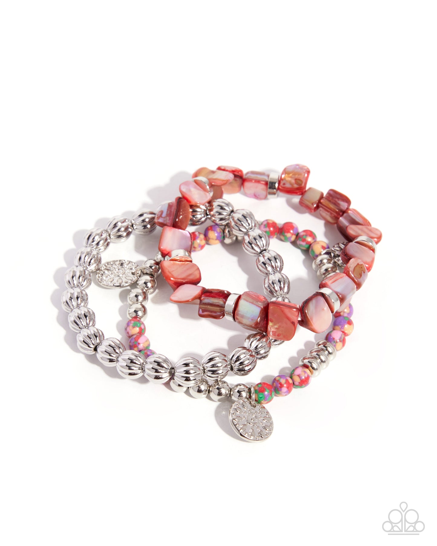 Set of colorful beaded bracelets on a white background