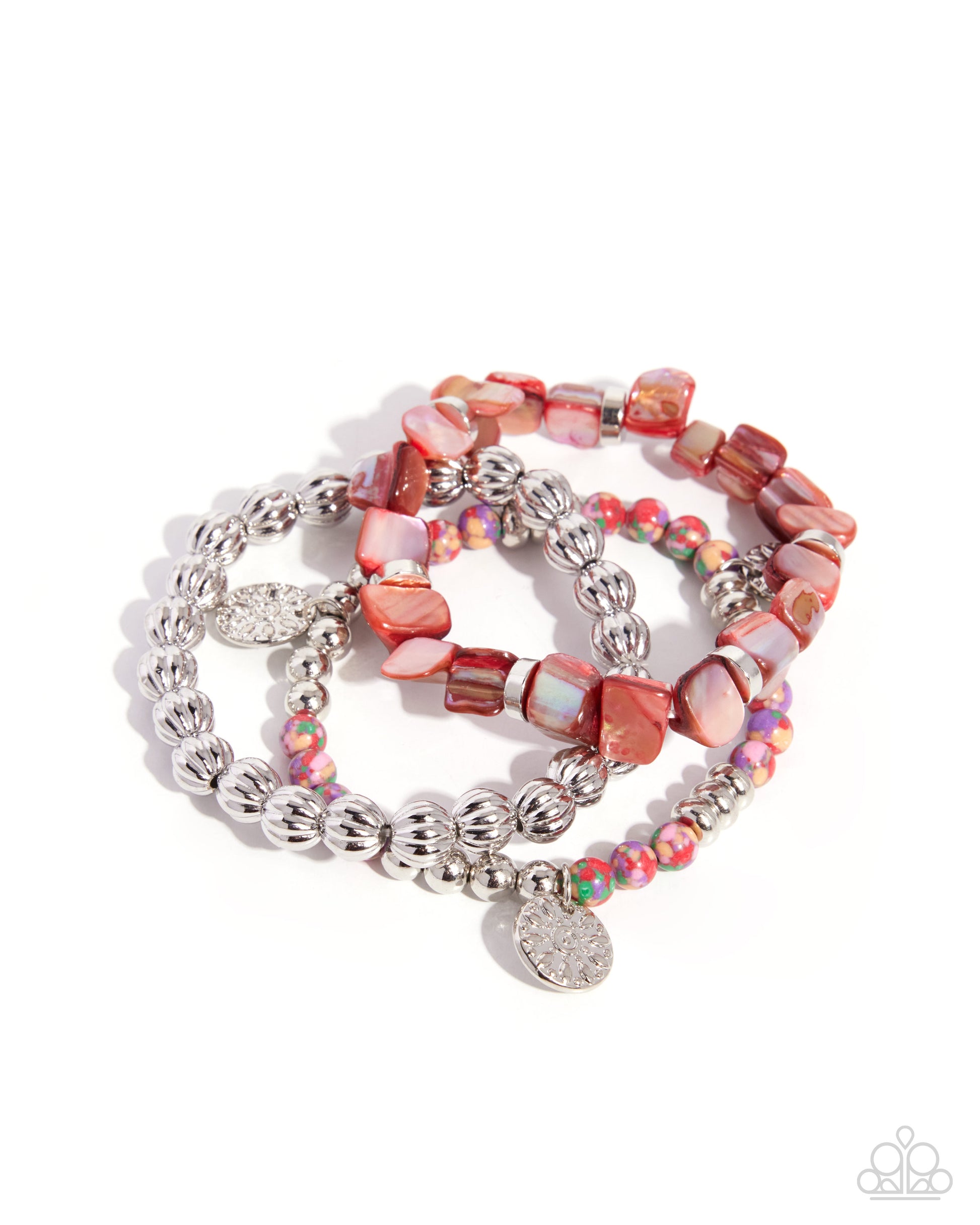 Set of colorful beaded bracelets on a white background