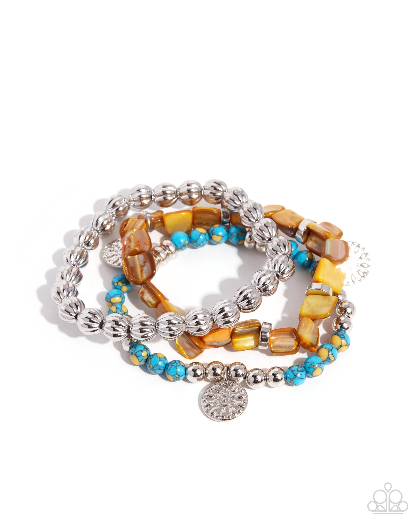 Set of beaded bracelets with silver accents on a white background