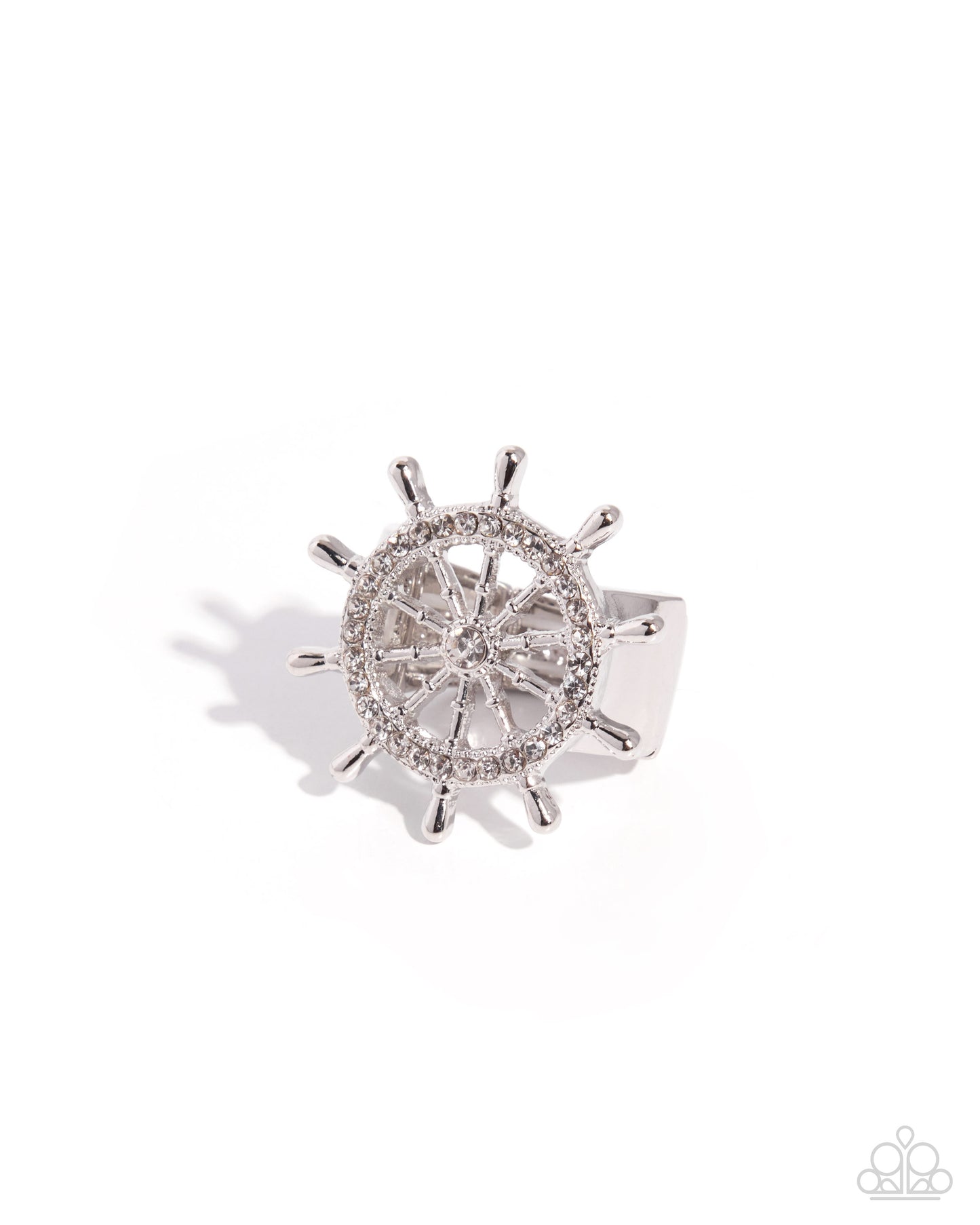 Silver ship's wheel with gemstones on a white background