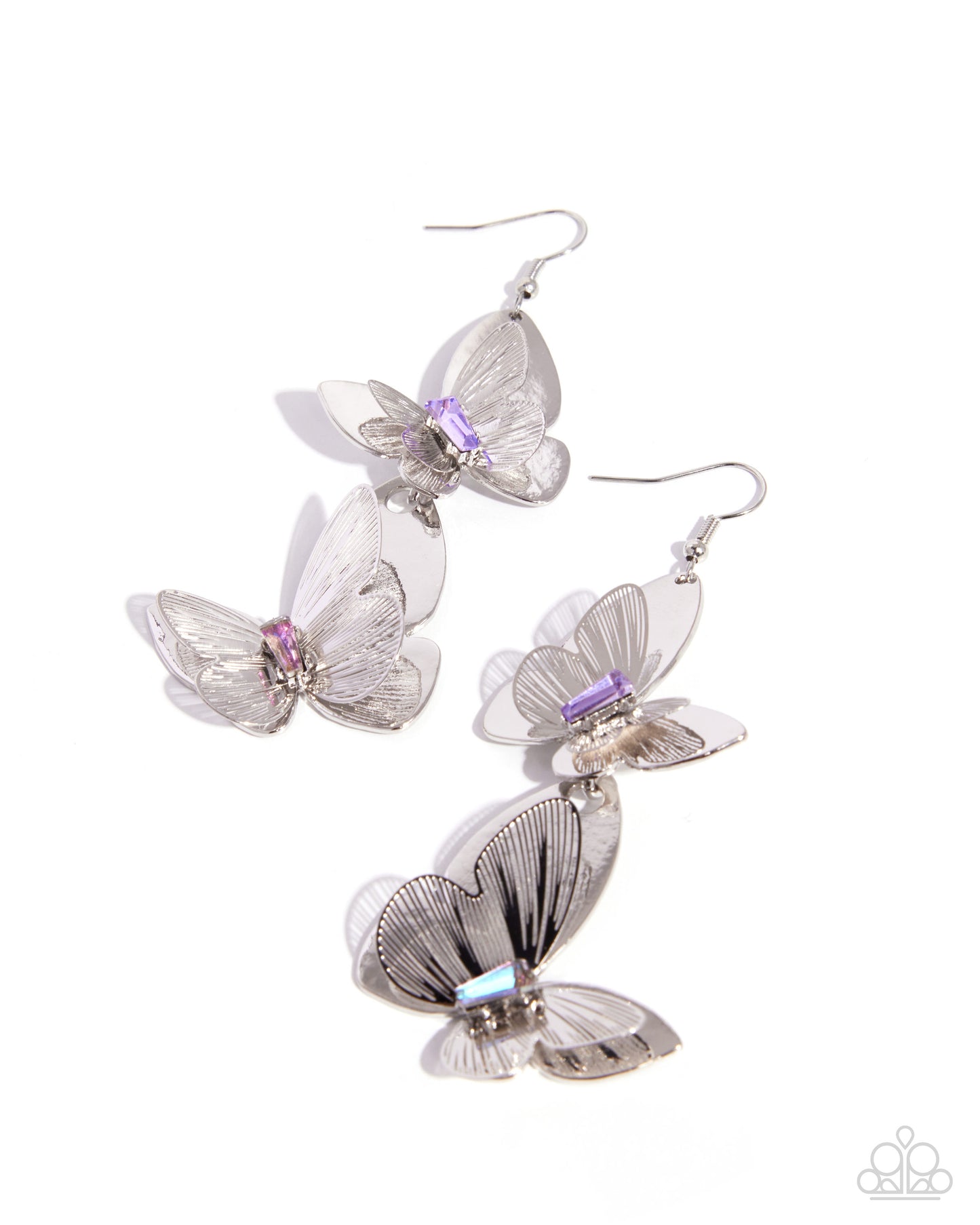 Butterfly-shaped earrings with silver and purple accents on a white background