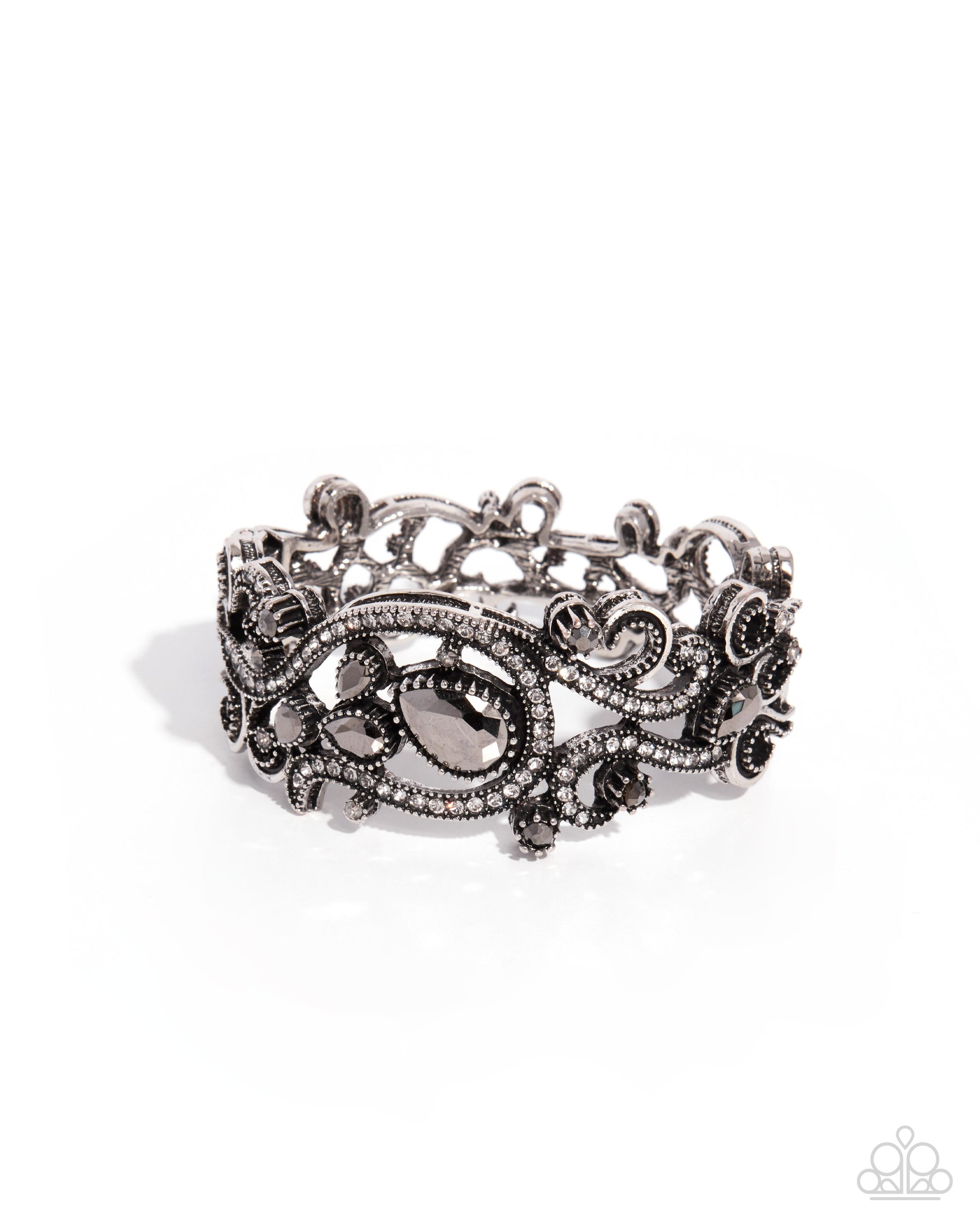 Ornate Option silver hematite and white rhinestone hinged bracelet | Jewelry by Bretta