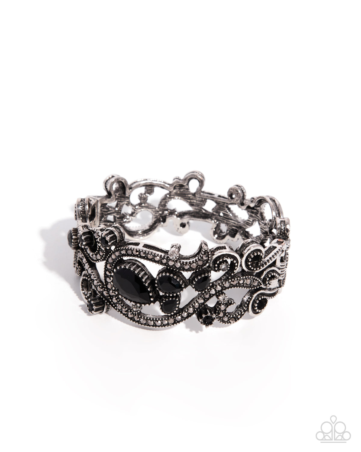 Ornate Option Black Gem Silver Hinged Bracelet by Paparazzi Accessories at Jewelry by Bretta