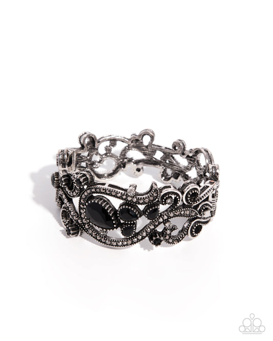 Ornate Option Black Gem Silver Hinged Bracelet by Paparazzi Accessories at Jewelry by Bretta