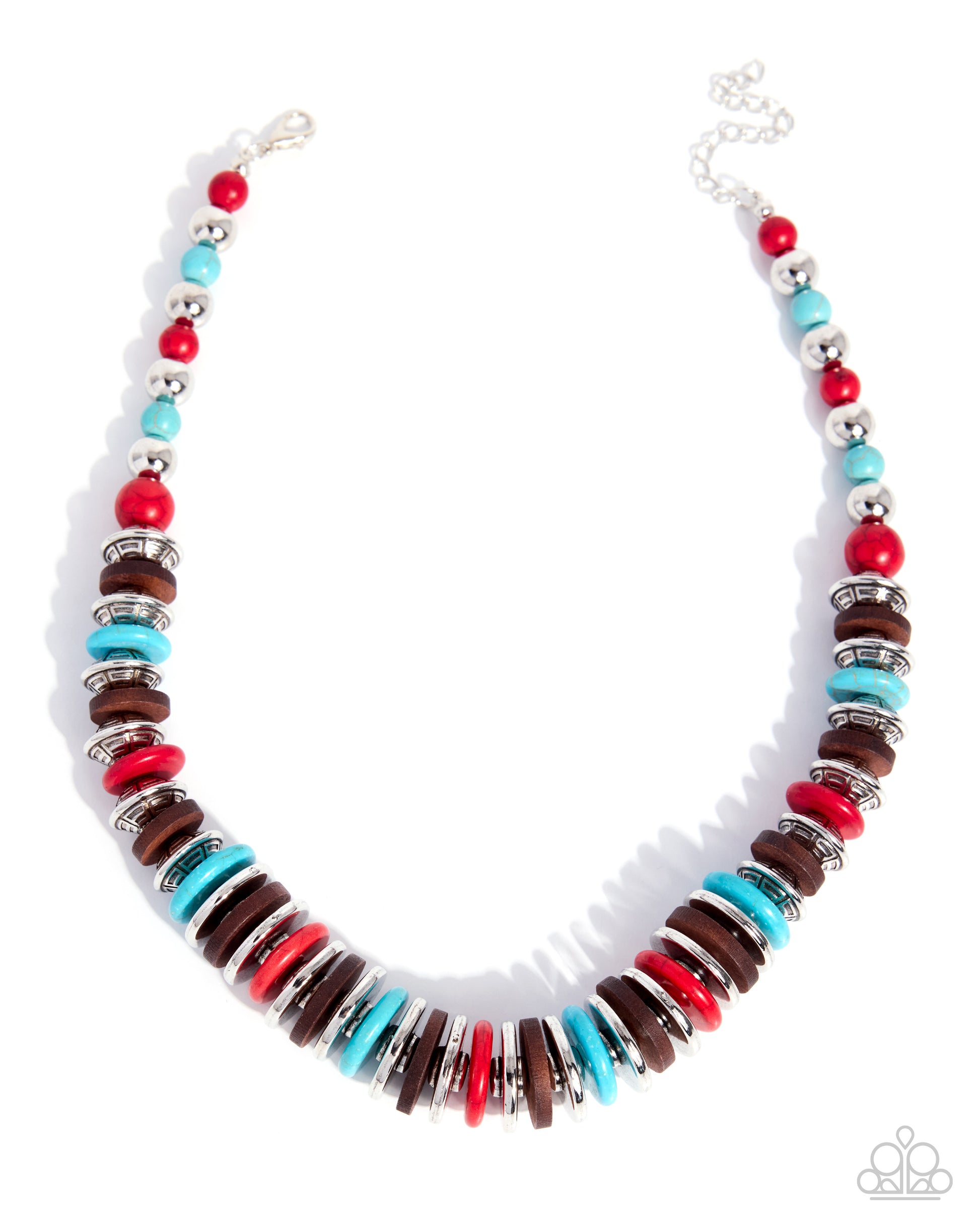 Colorful beaded necklace with red, blue, and brown beads on a white background