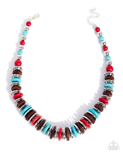 Colorful beaded necklace with red, blue, and brown beads on a white background
