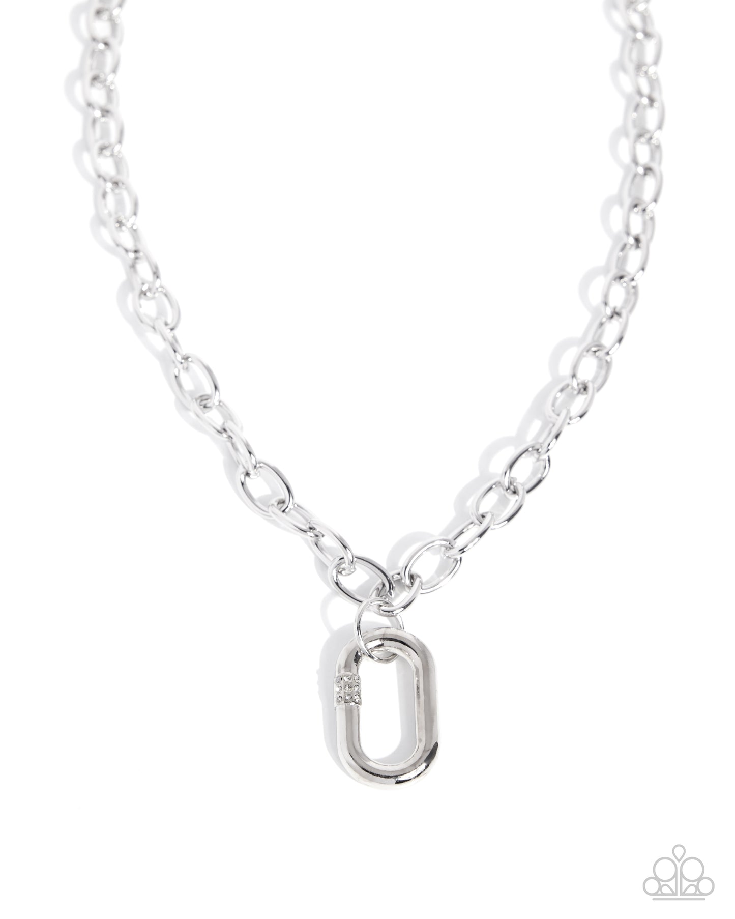 Silver chain necklace with a unique clasp on a white background