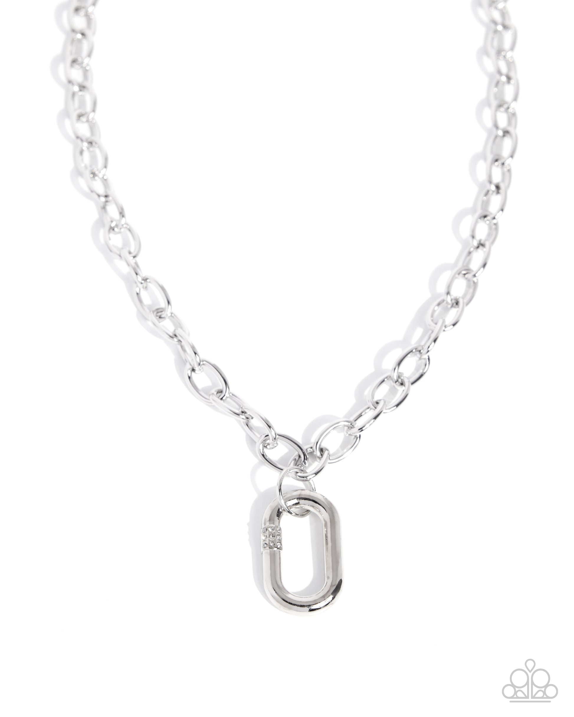 Silver chain necklace with a unique clasp on a white background