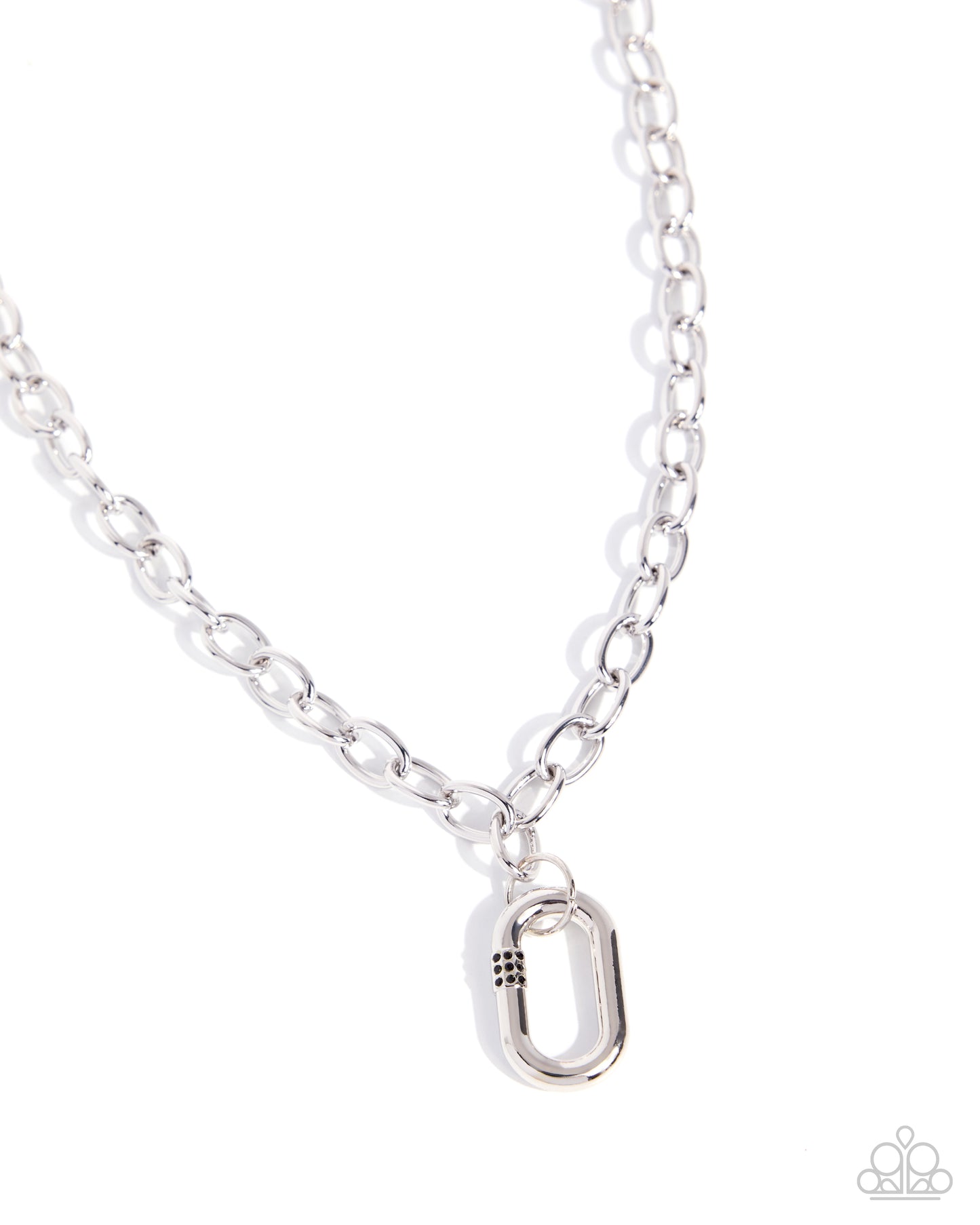 Silver chain necklace with a unique pendant on a white background