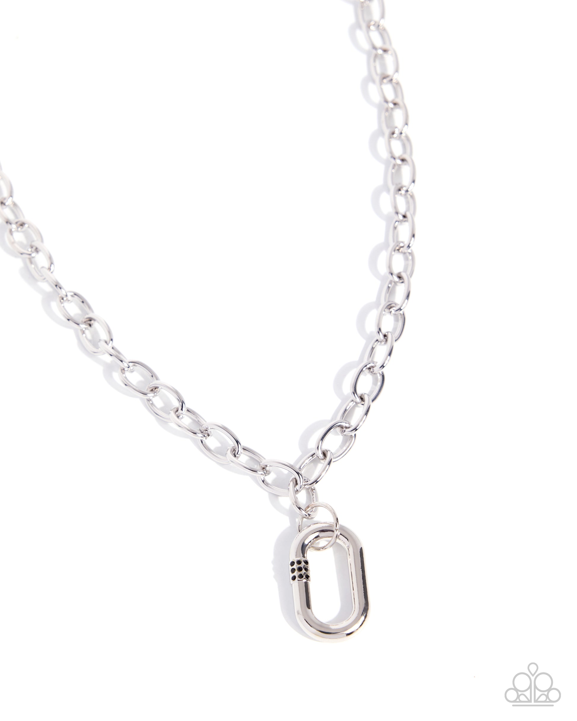 Silver chain necklace with a unique pendant on a white background