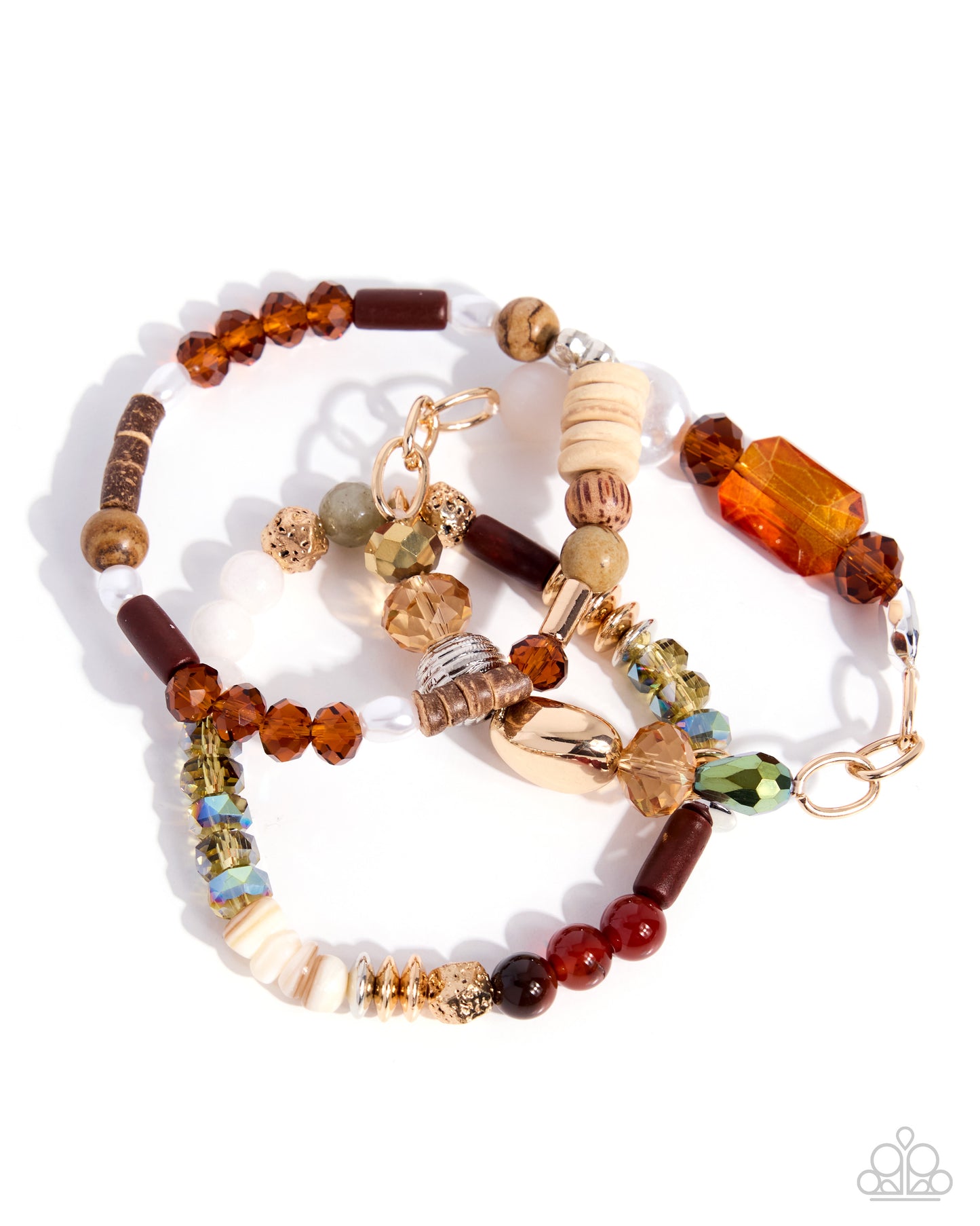 A beaded jewelry set featuring a long beaded necklace and a matching bracelet, crafted with a variety of beads in amber, brown, cream, and gold, accented with a gold clasp and charm, on a white background.