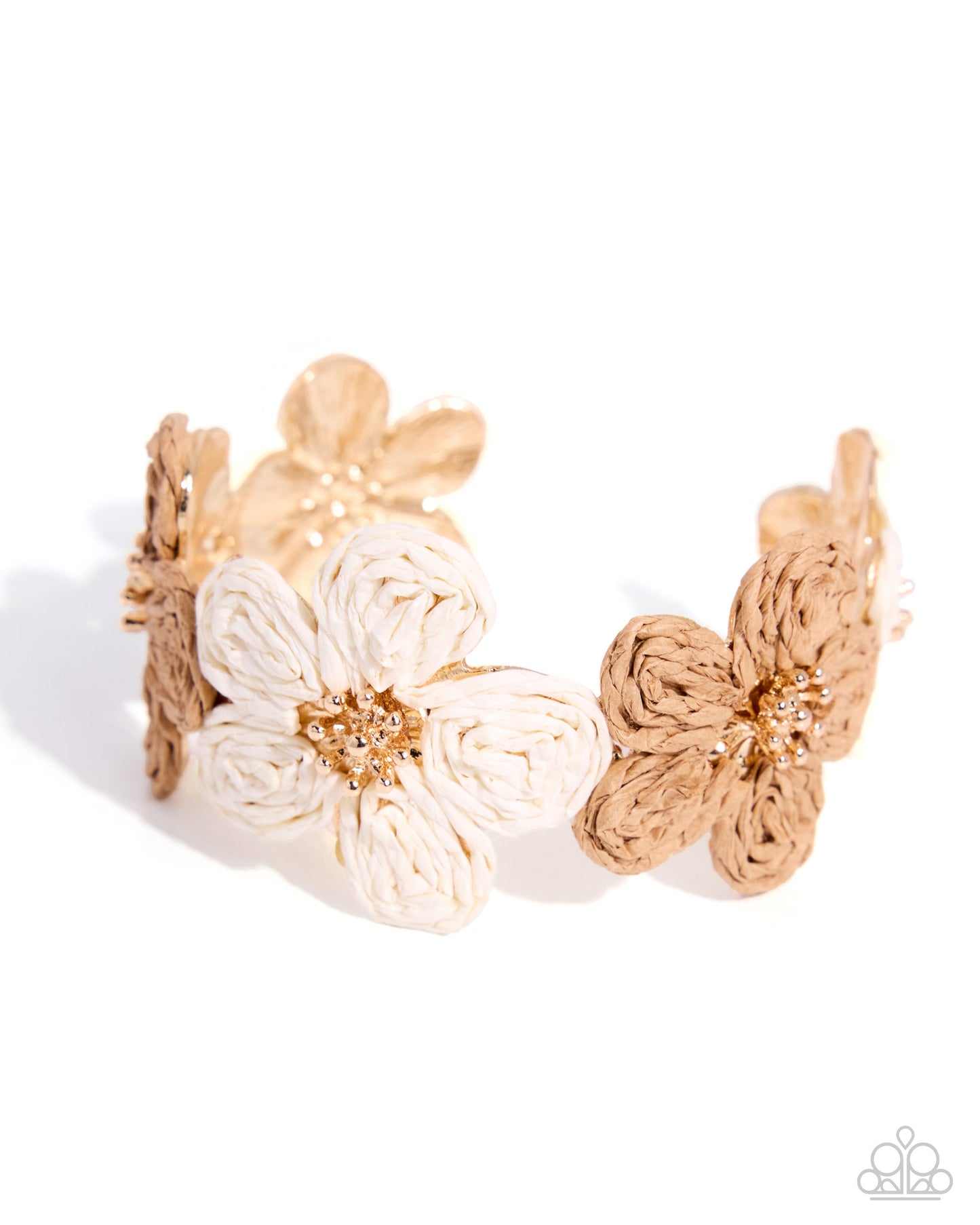 Gold and beige floral bracelet on a white background