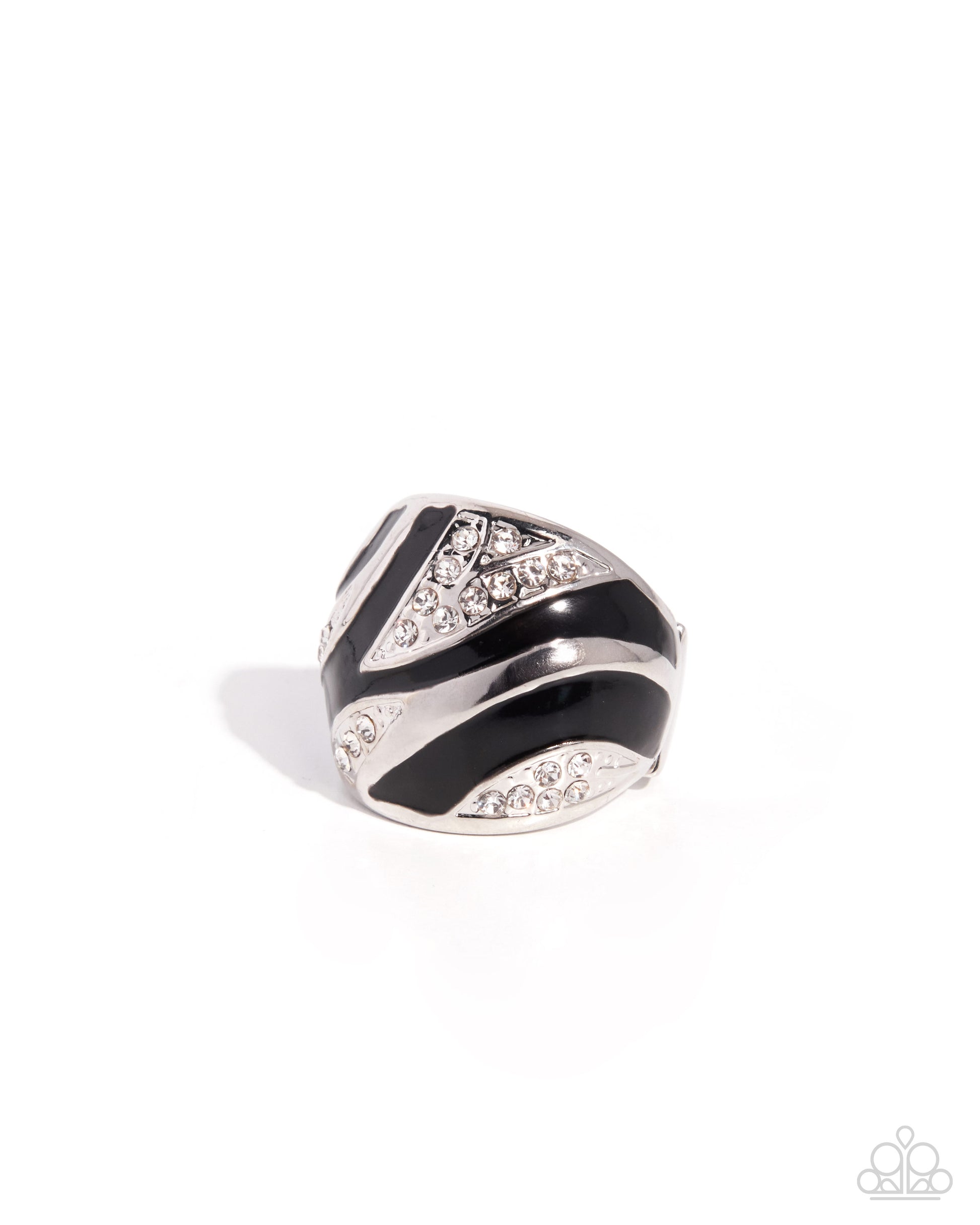 Silver ring with black and white striped design on a white background