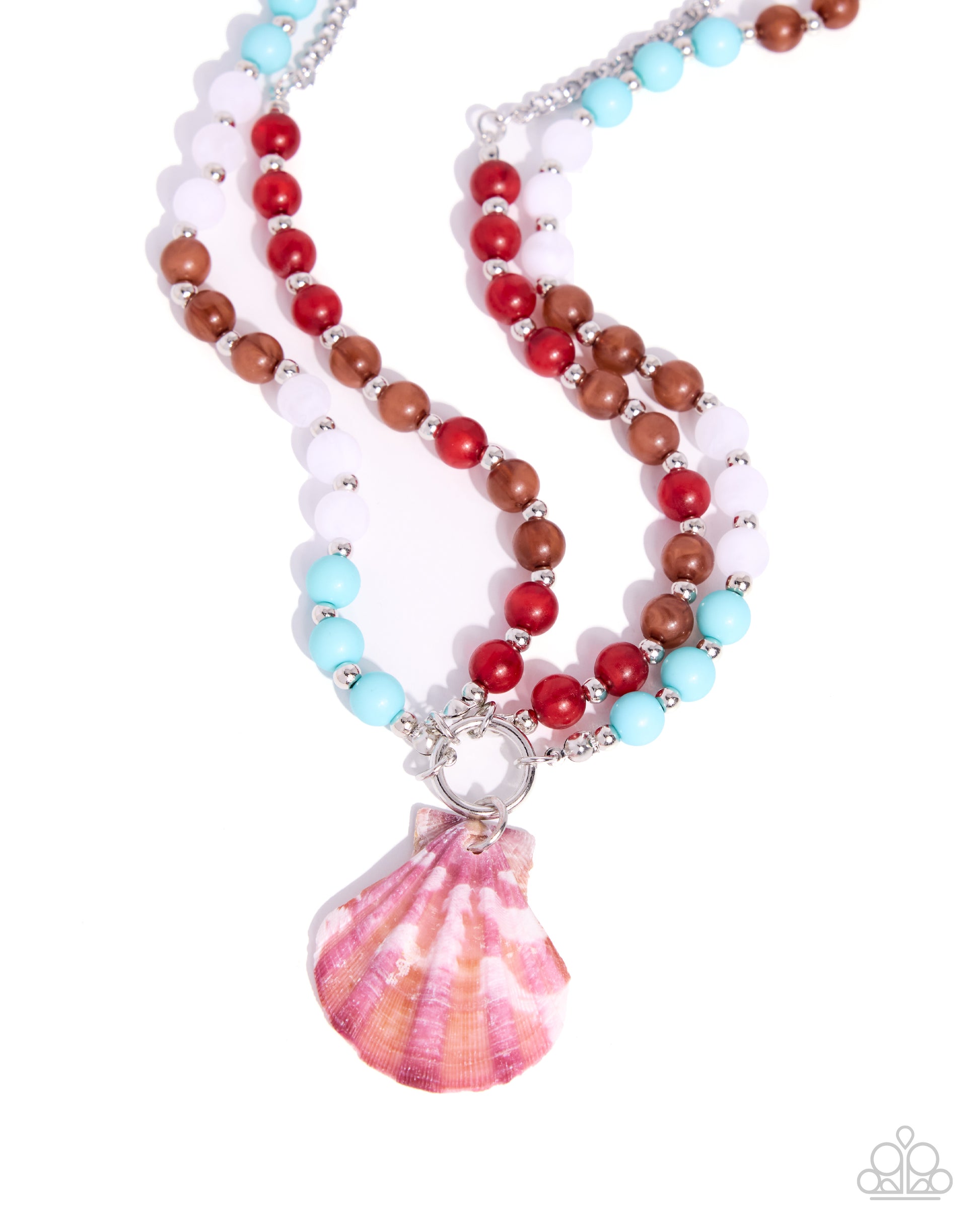Necklace with colorful beads and a shell charm on a white background