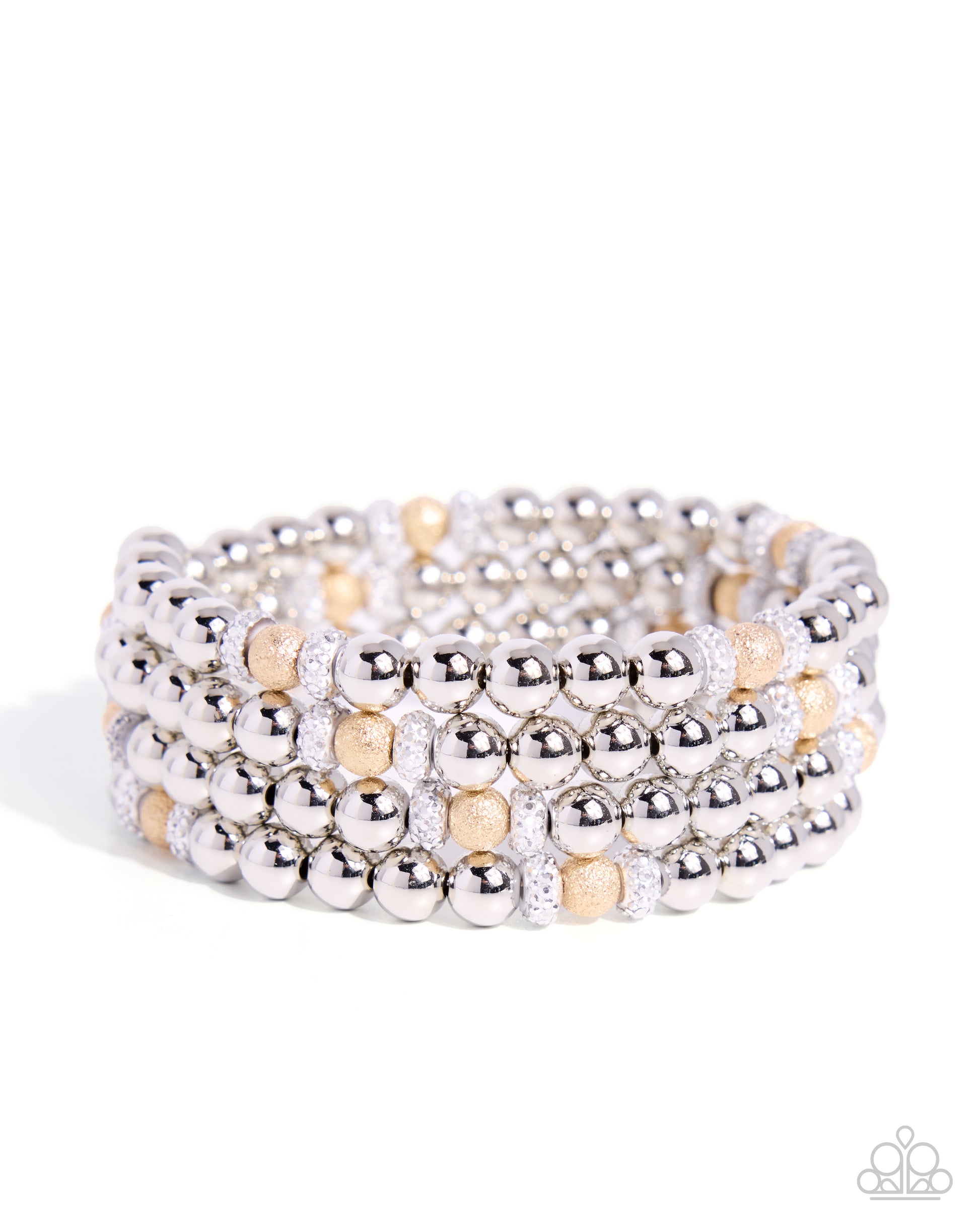 Stack of silver and gold beaded bracelets on a white background