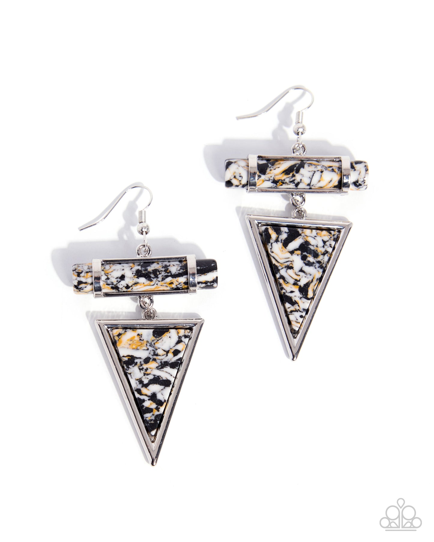 Pair of silver triangle earrings with black and gold pattern on a white background