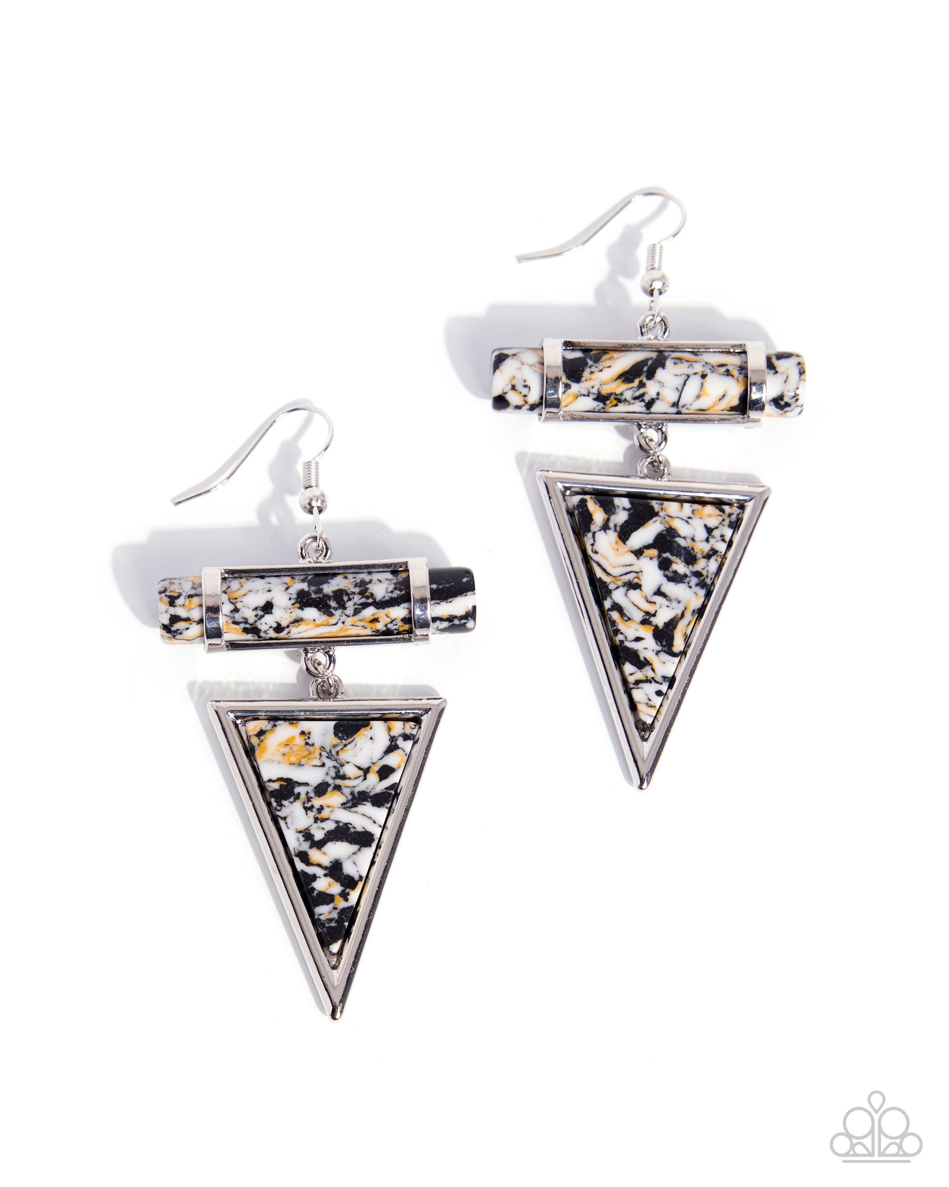 Pair of silver triangle earrings with black and gold pattern on a white background