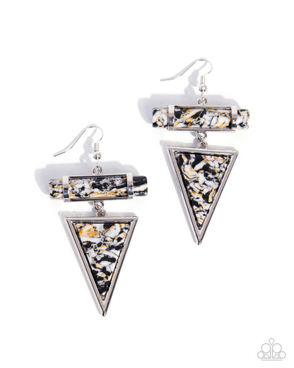 Pair of silver triangle earrings with black and gold pattern on a white background