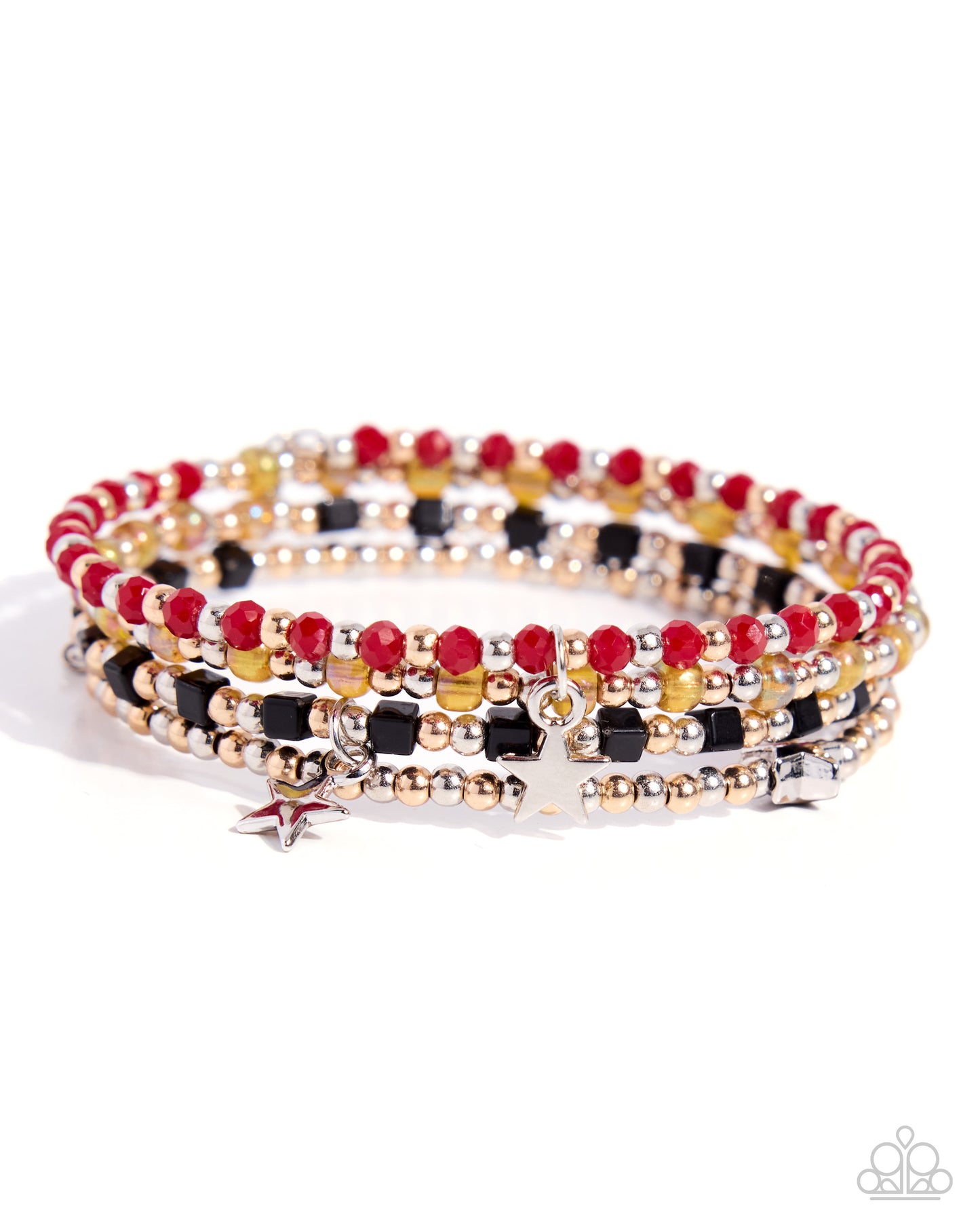 Stack of colorful beaded bracelets on a white background