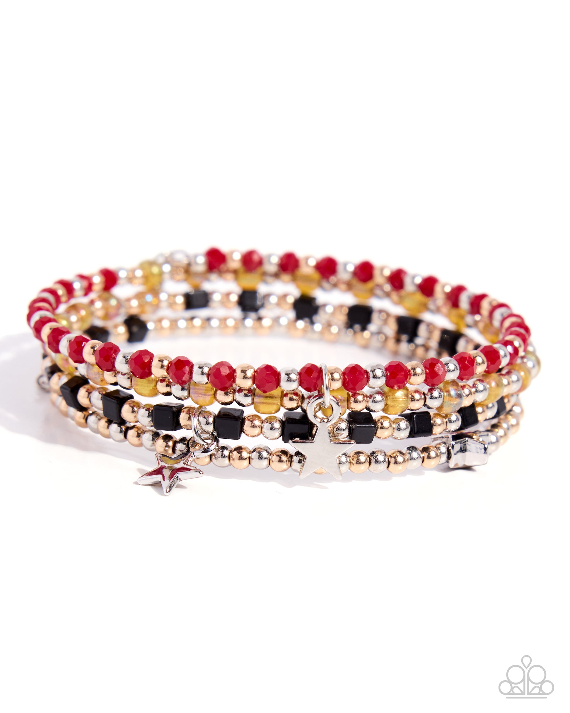 Stack of colorful beaded bracelets on a white background
