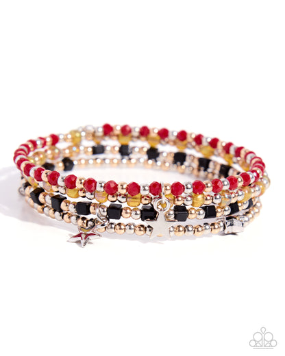 Stack of colorful beaded bracelets on a white background