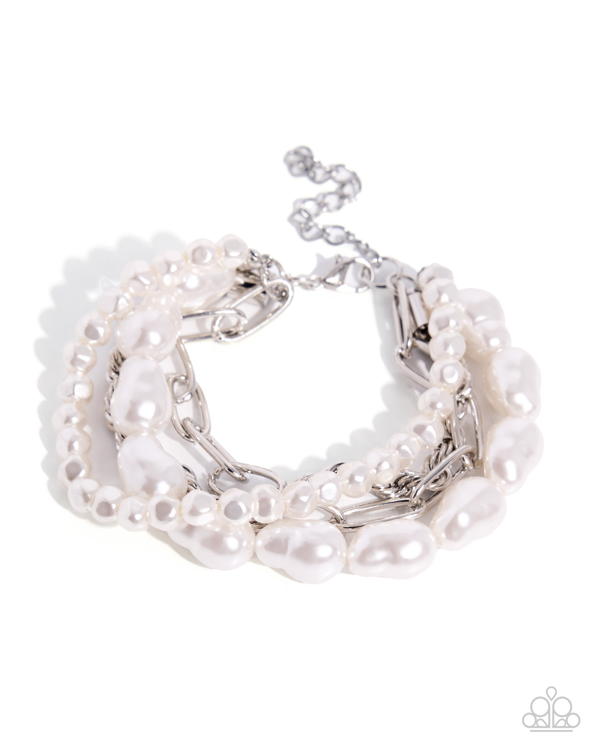 A multi-strand pearl and silver chain bracelet with a lobster clasp, shown on a white background with a Paparazzi logo watermark in the corner.