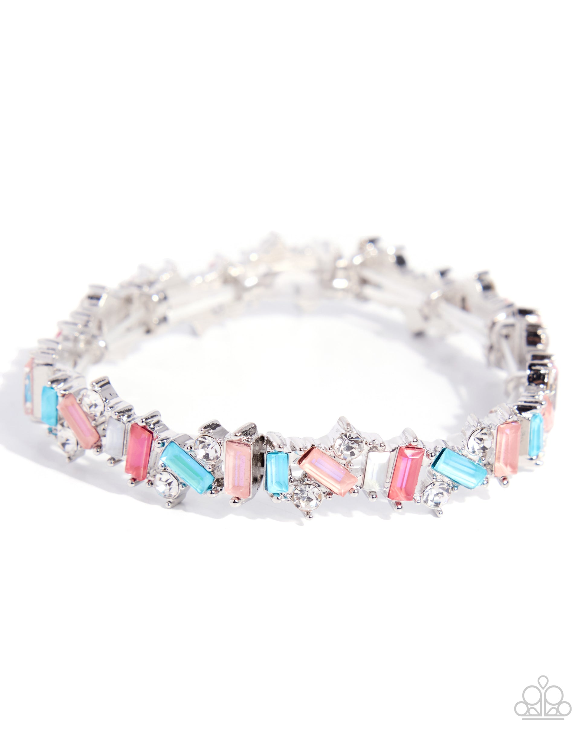 A silver-toned stretch bracelet featuring alternating rectangular pink, light blue, and clear rhinestones, displayed on a clean white background.