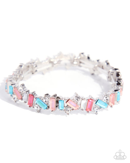 A silver-toned stretch bracelet featuring alternating rectangular pink, light blue, and clear rhinestones, displayed on a clean white background.