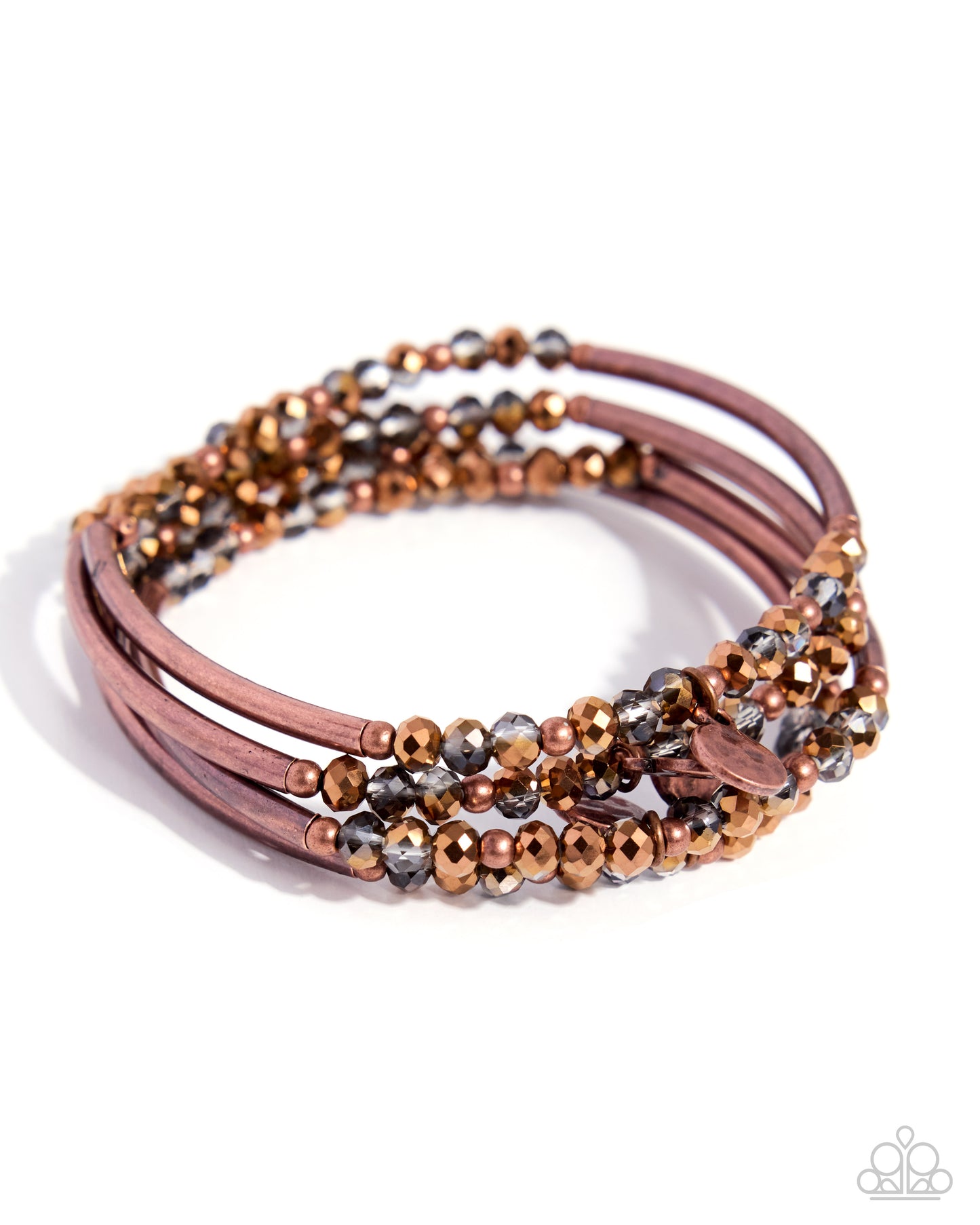 Multistrand bracelet with brown leather and metallic beads on a white background