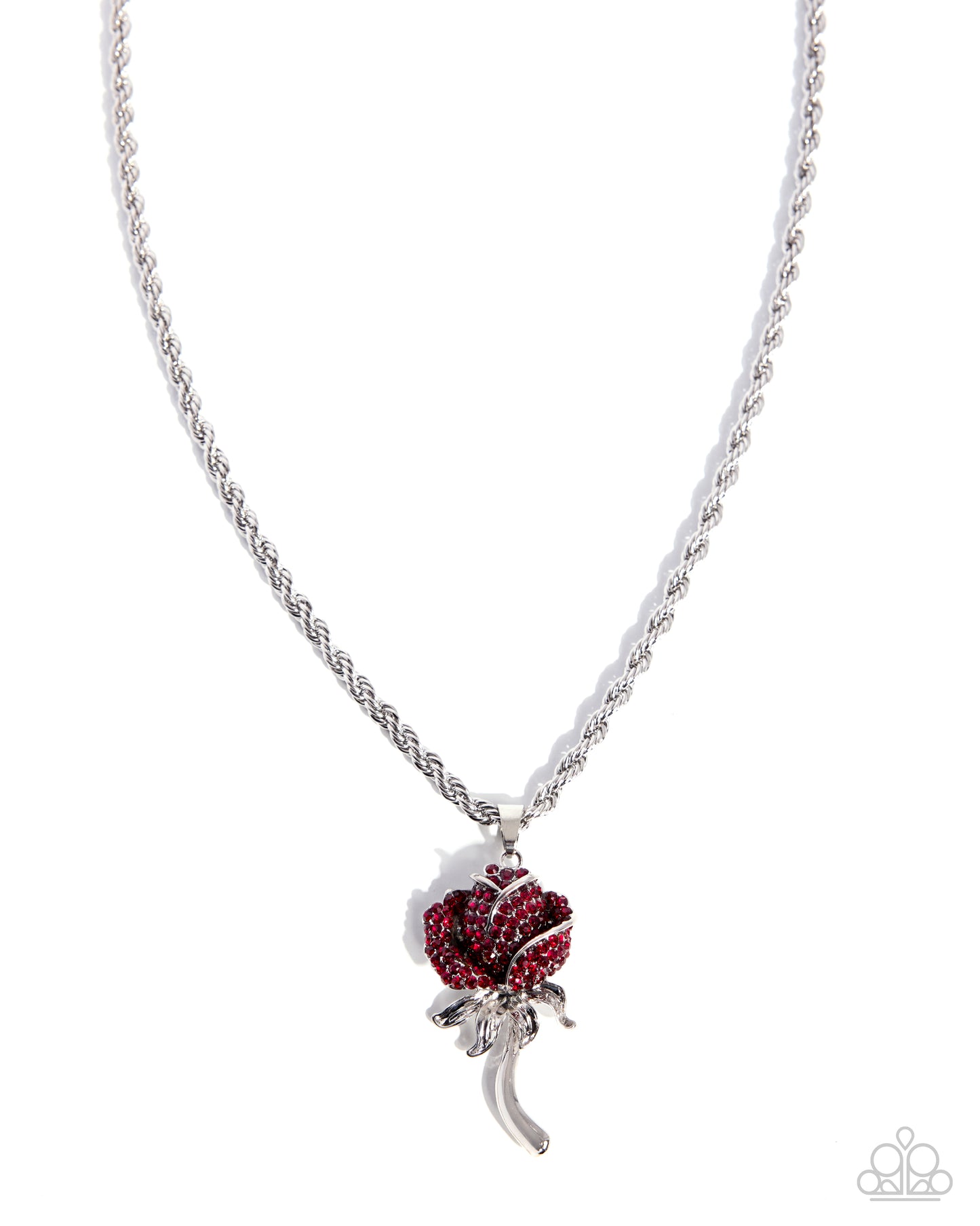 Silver necklace with a red rose pendant on a white background