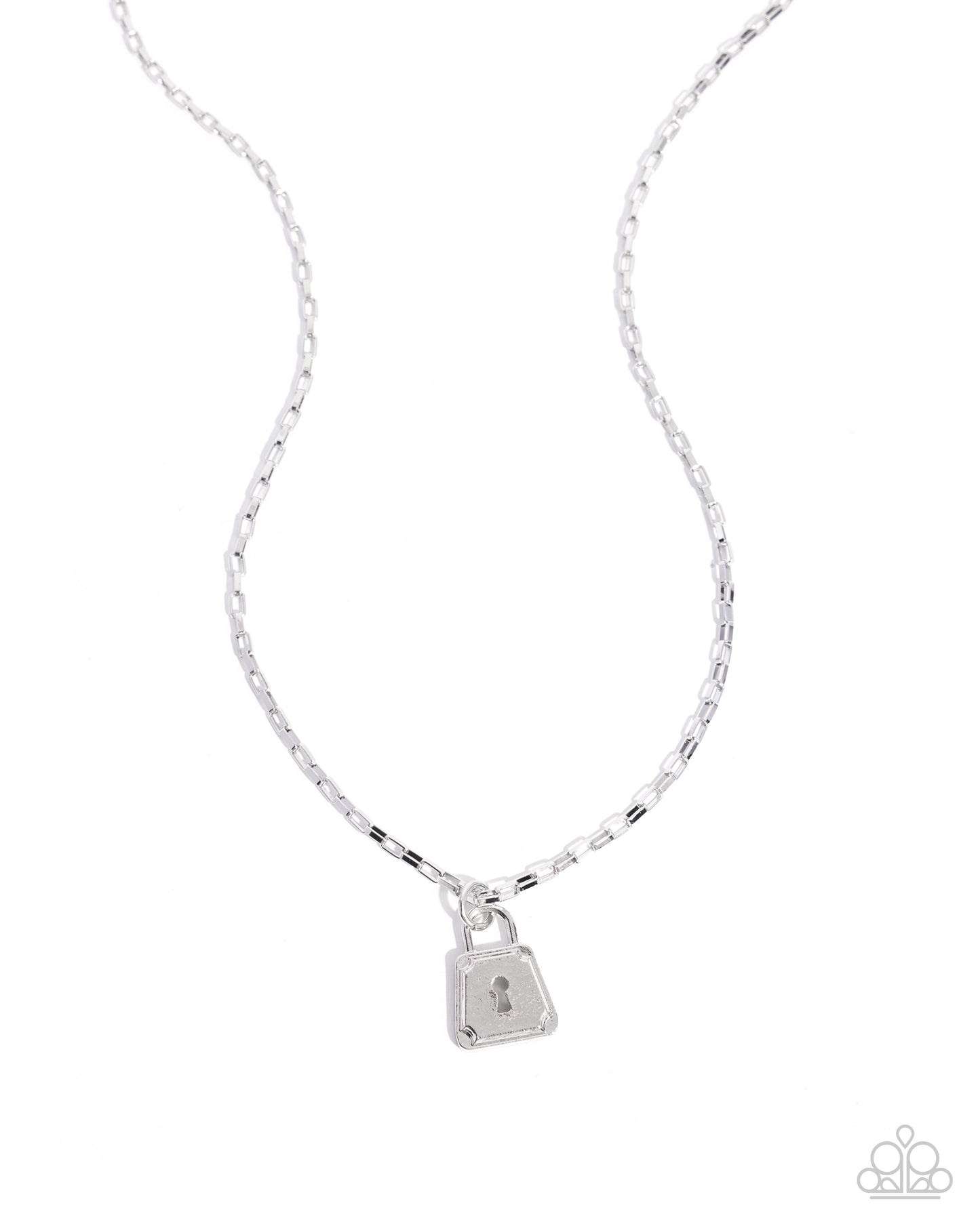 Silver necklace with a lock pendant on a white background
