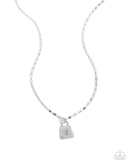 Silver necklace with a lock pendant on a white background