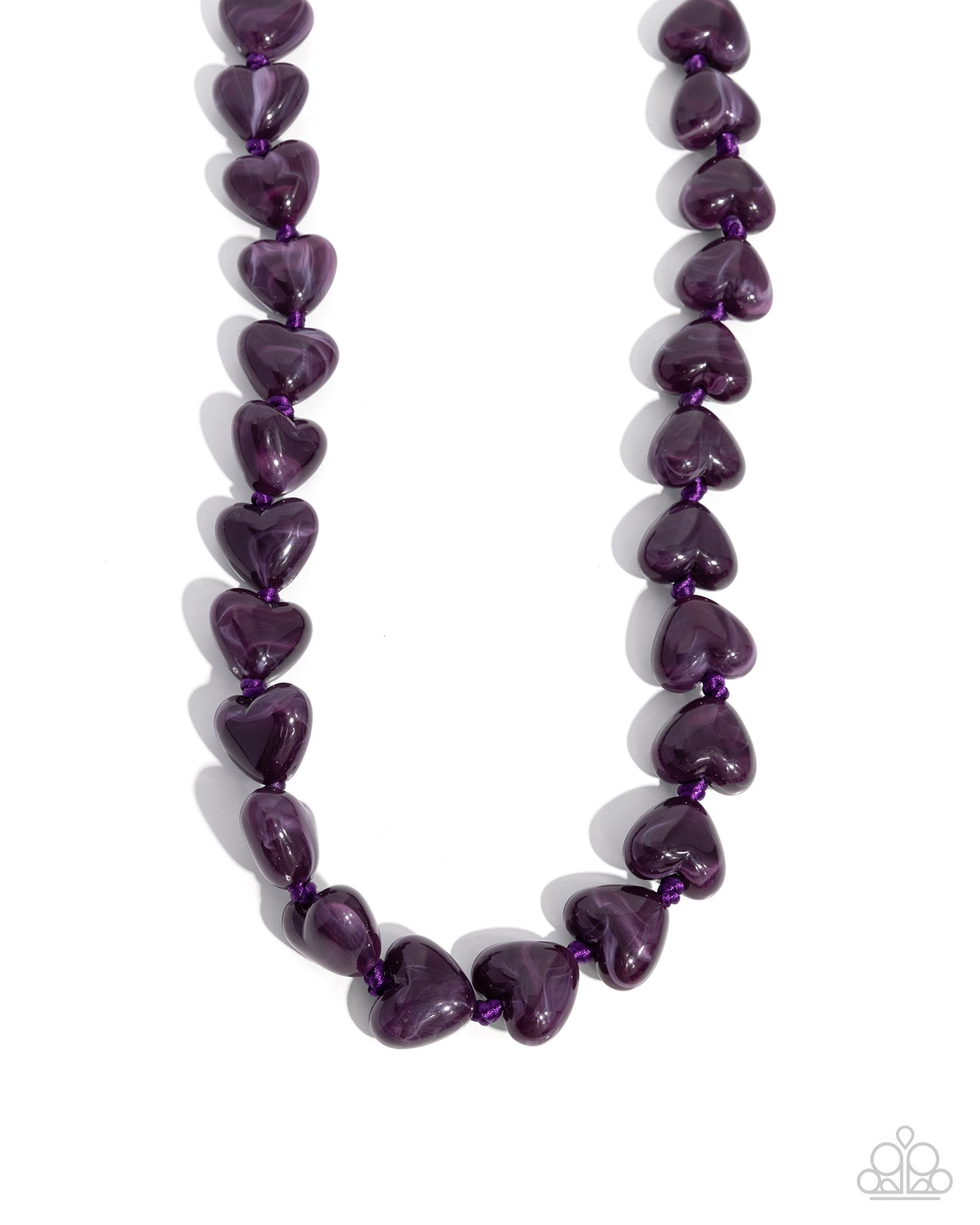 Necklace with purple heart-shaped beads on a white background