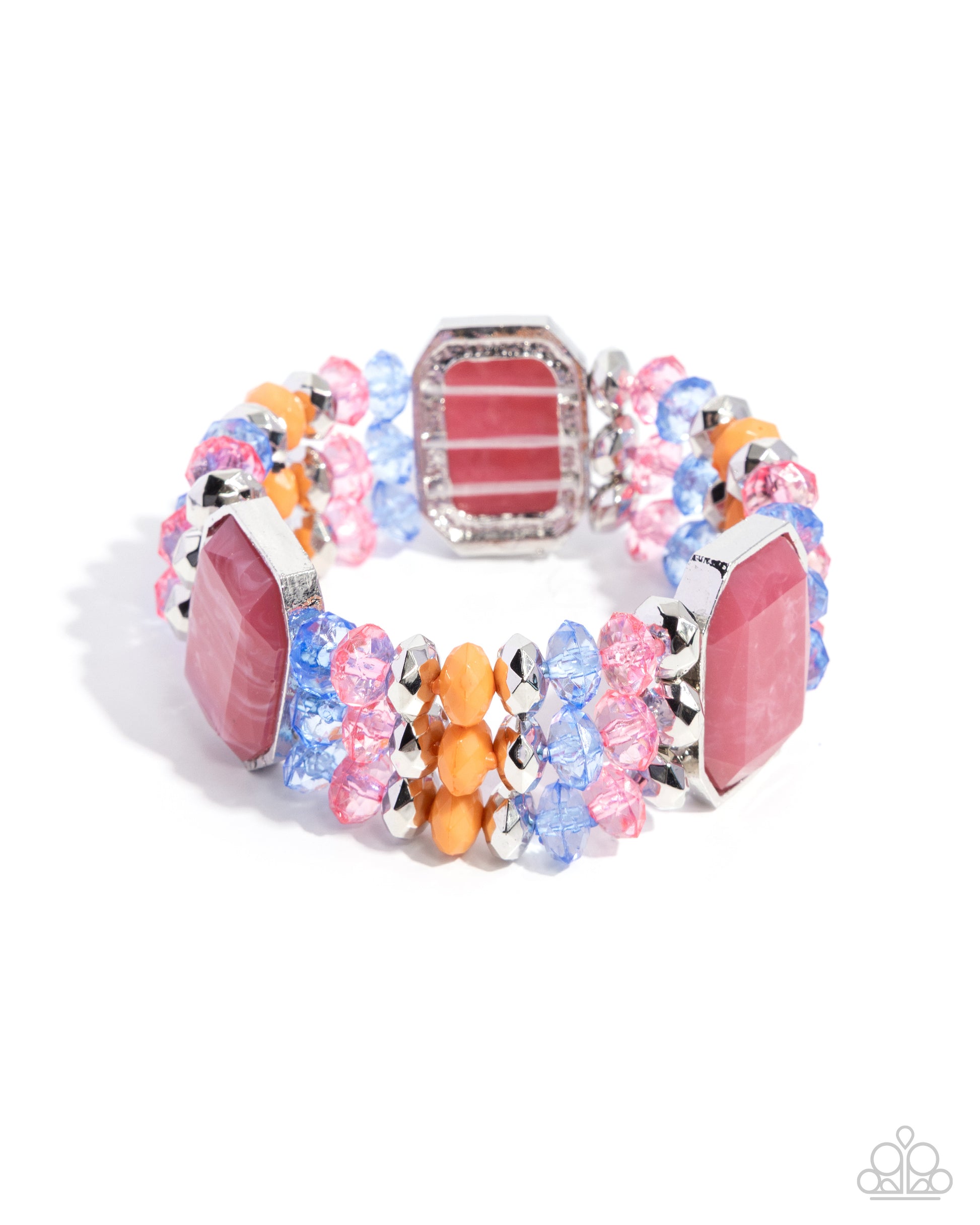 Multicolored beaded bracelet with pink and orange accents on a white background