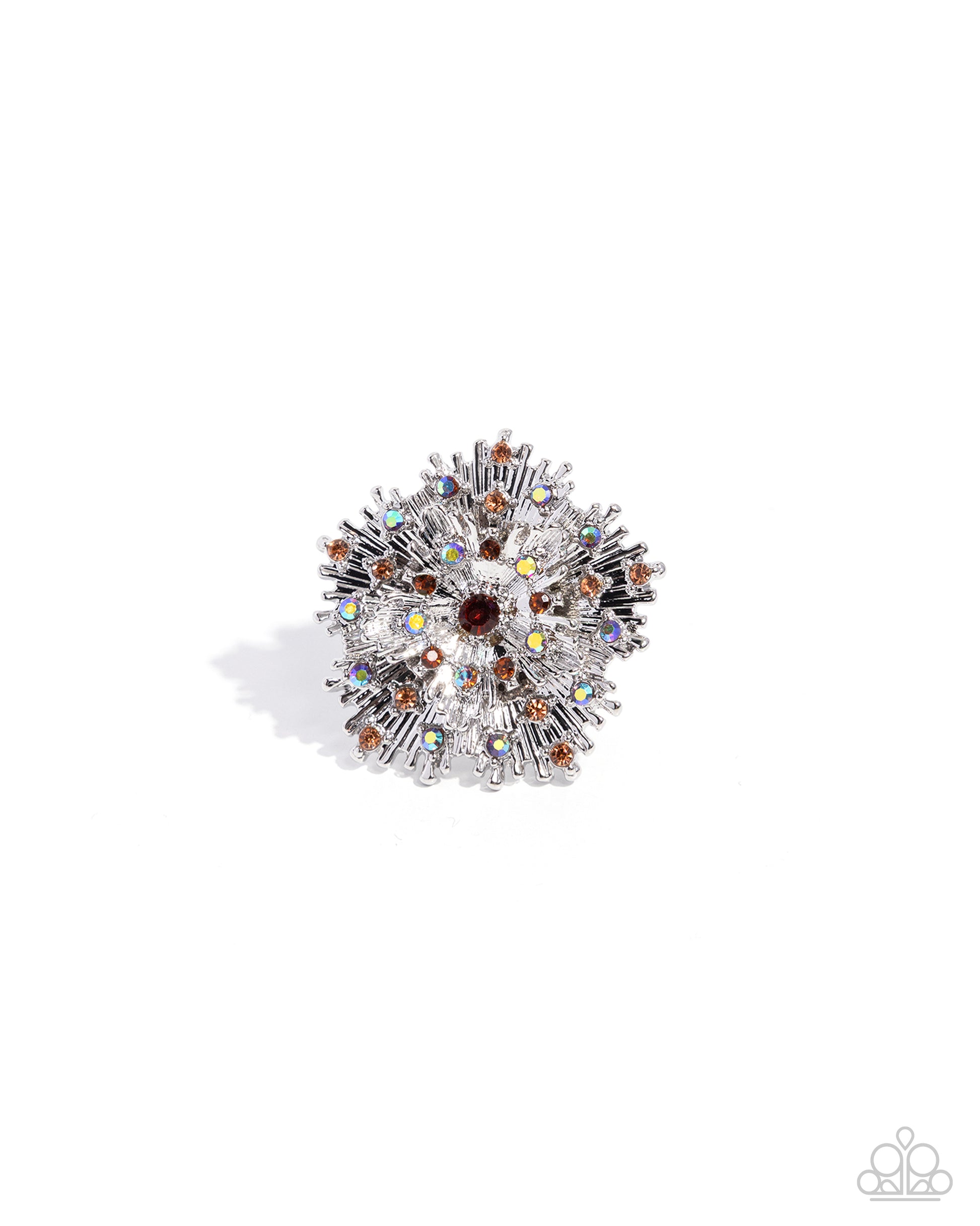 Decorative brooch with multicolored gemstones on a white background