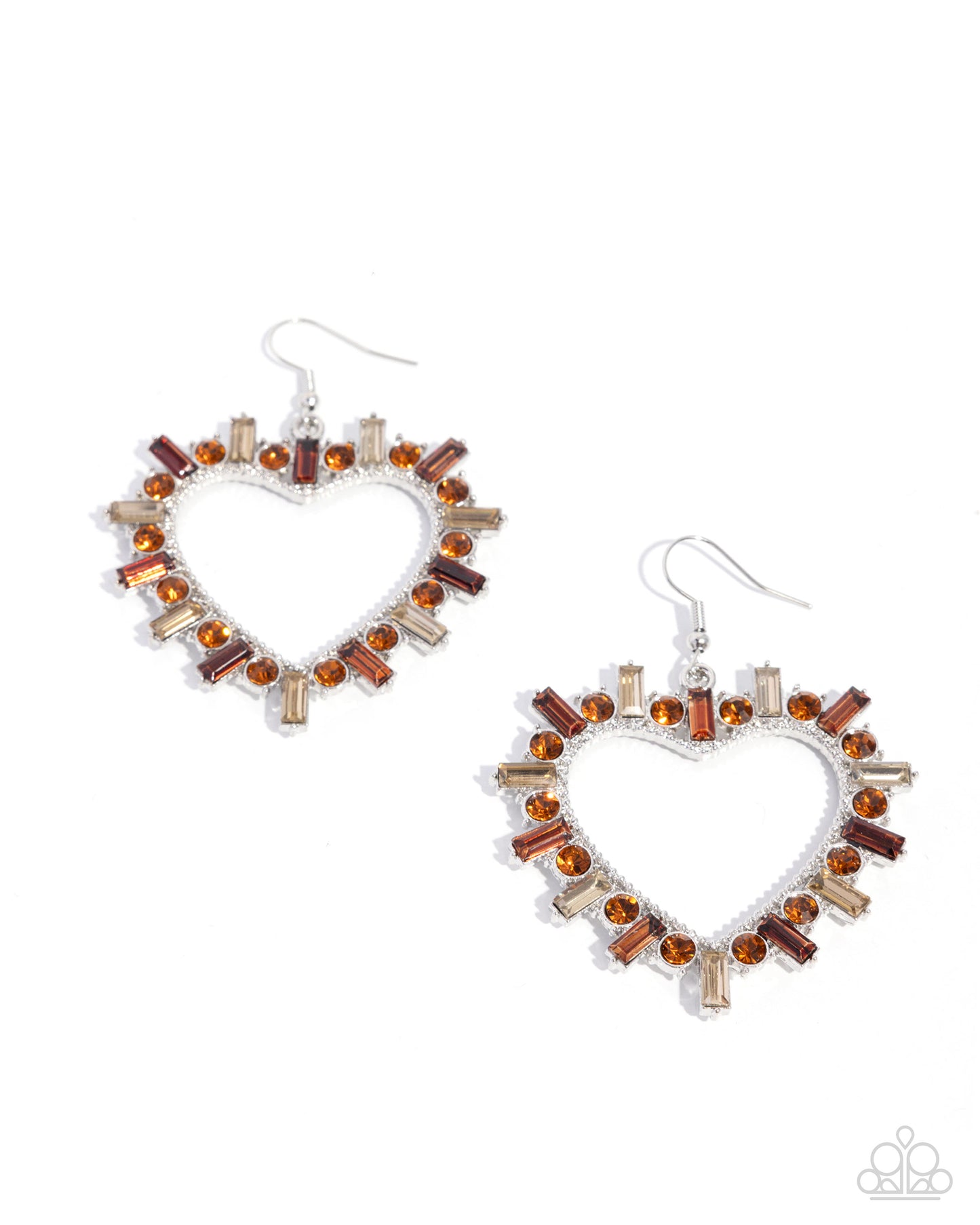 Heart-shaped earrings with brown and silver beads on a white background