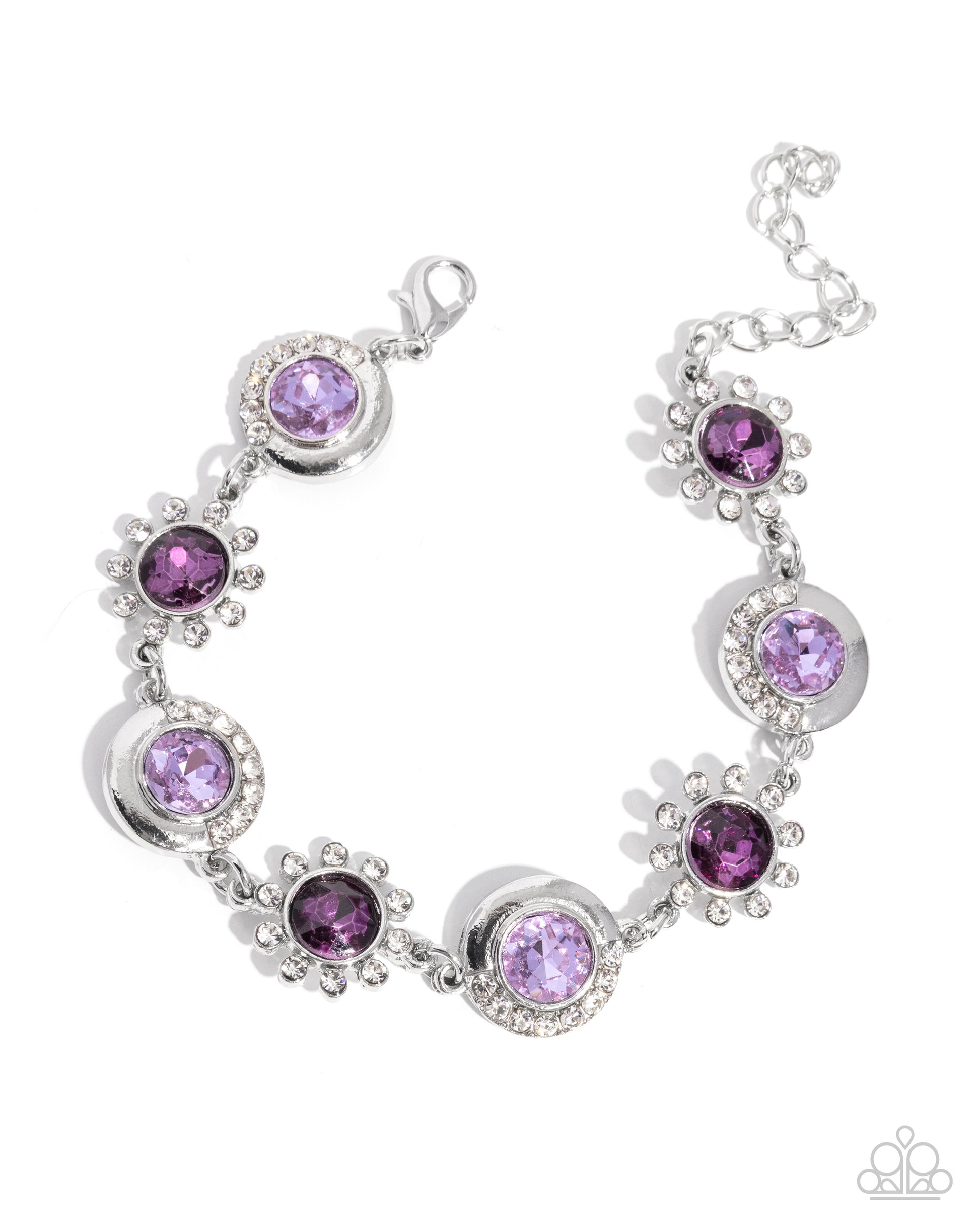 Silver bracelet with purple gemstones on a white background