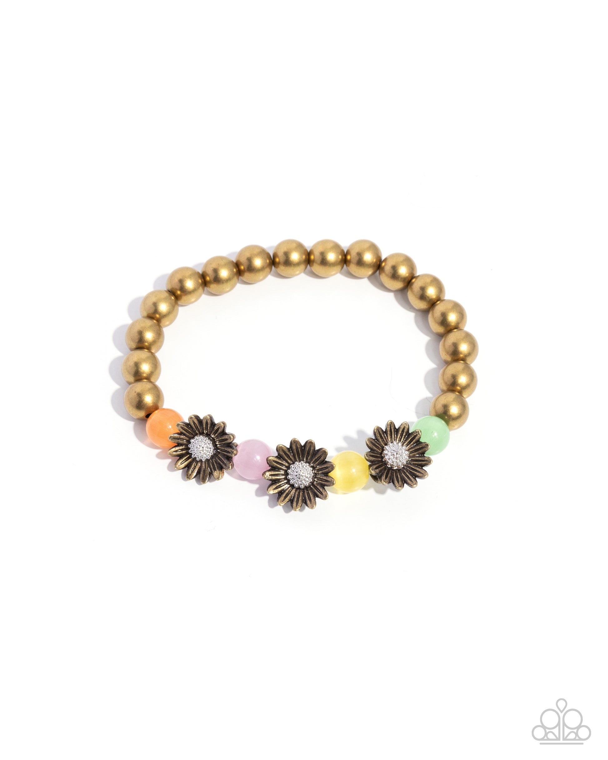A beaded stretch bracelet featuring a row of metallic gold beads, three antique bronze flower charms with clear rhinestone centers, and small accent beads in orange, pink, yellow, and mint green, displayed on a clean white background.