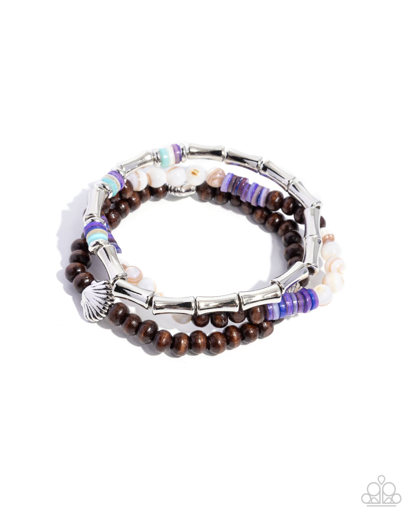 Stack of bracelets with wooden beads and metal accents on a white background