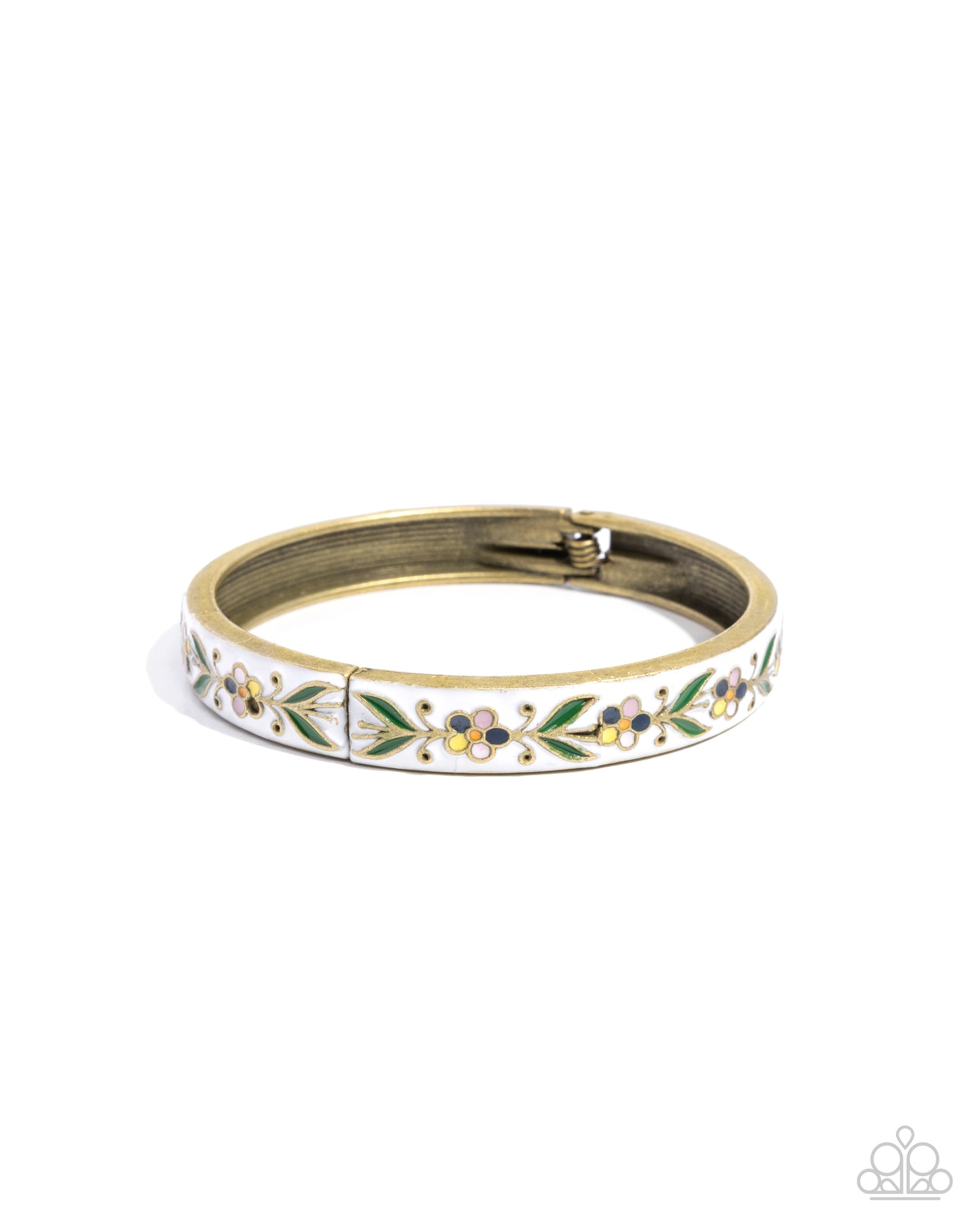 A gold-plated bangle bracelet with a white enamel background and a delicate floral pattern in green, yellow, and blue, shown on a plain white background.