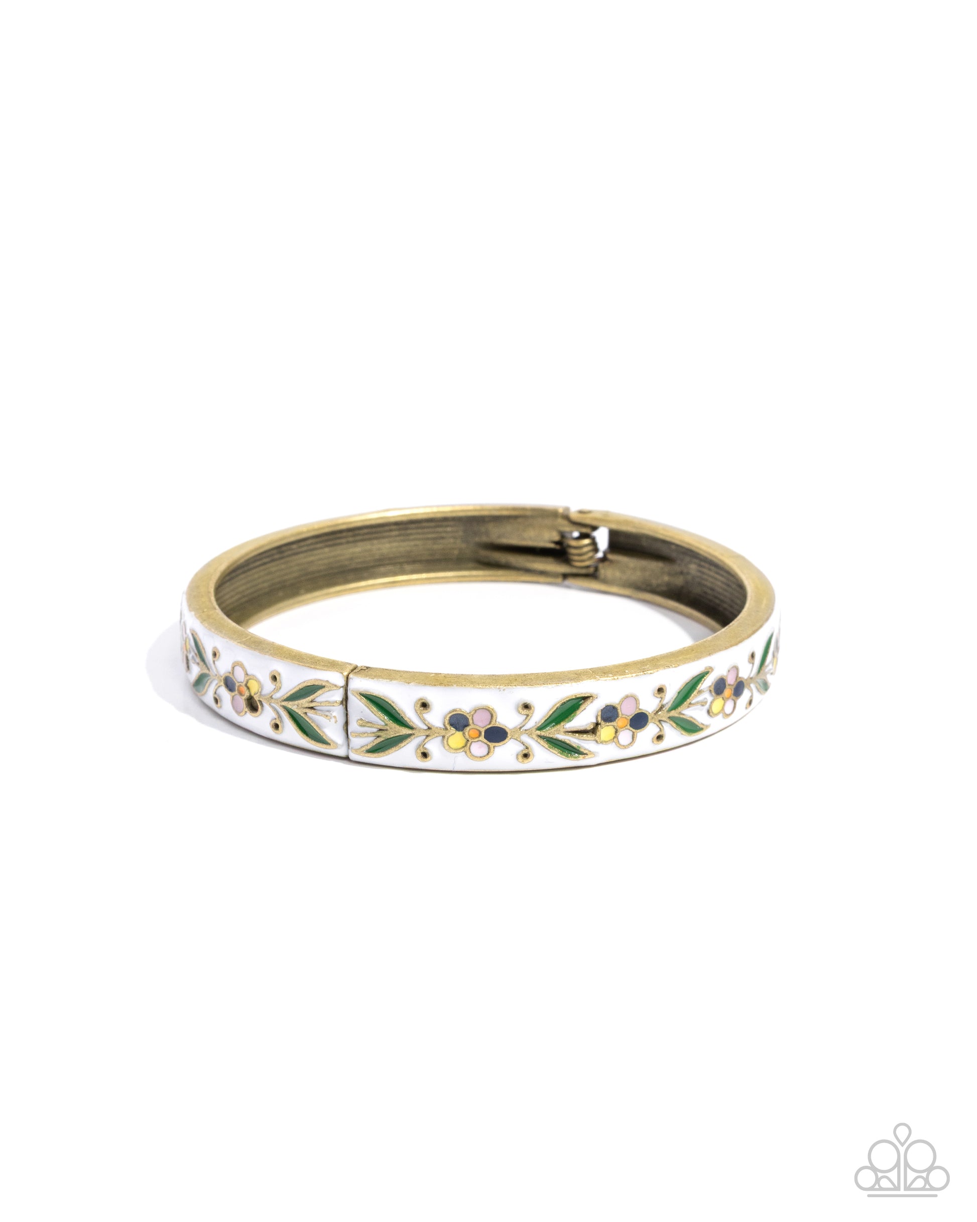 A gold-plated bangle bracelet with a white enamel background and a delicate floral pattern in green, yellow, and blue, shown on a plain white background.
