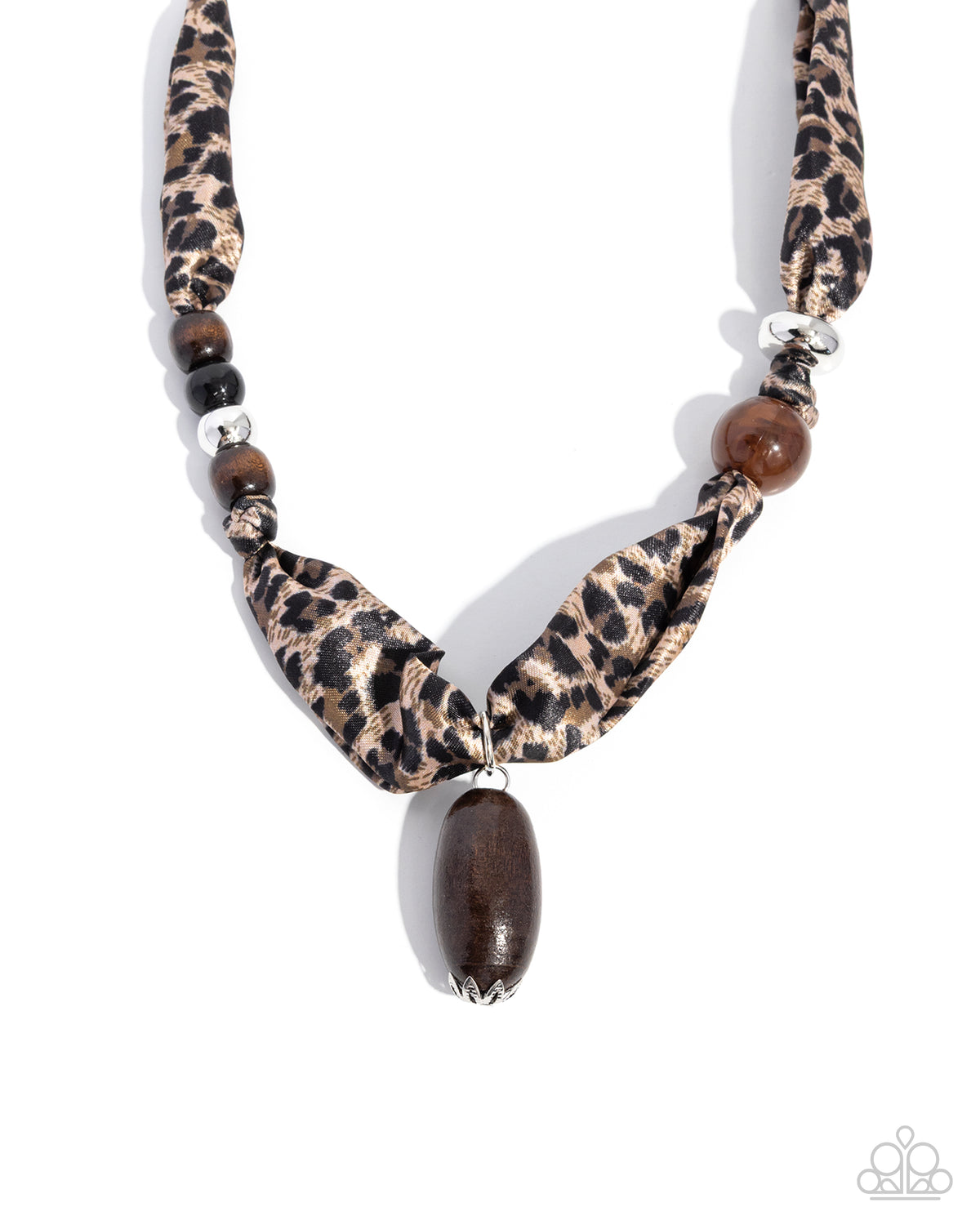 Leopard print necklace with wooden beads on a white background