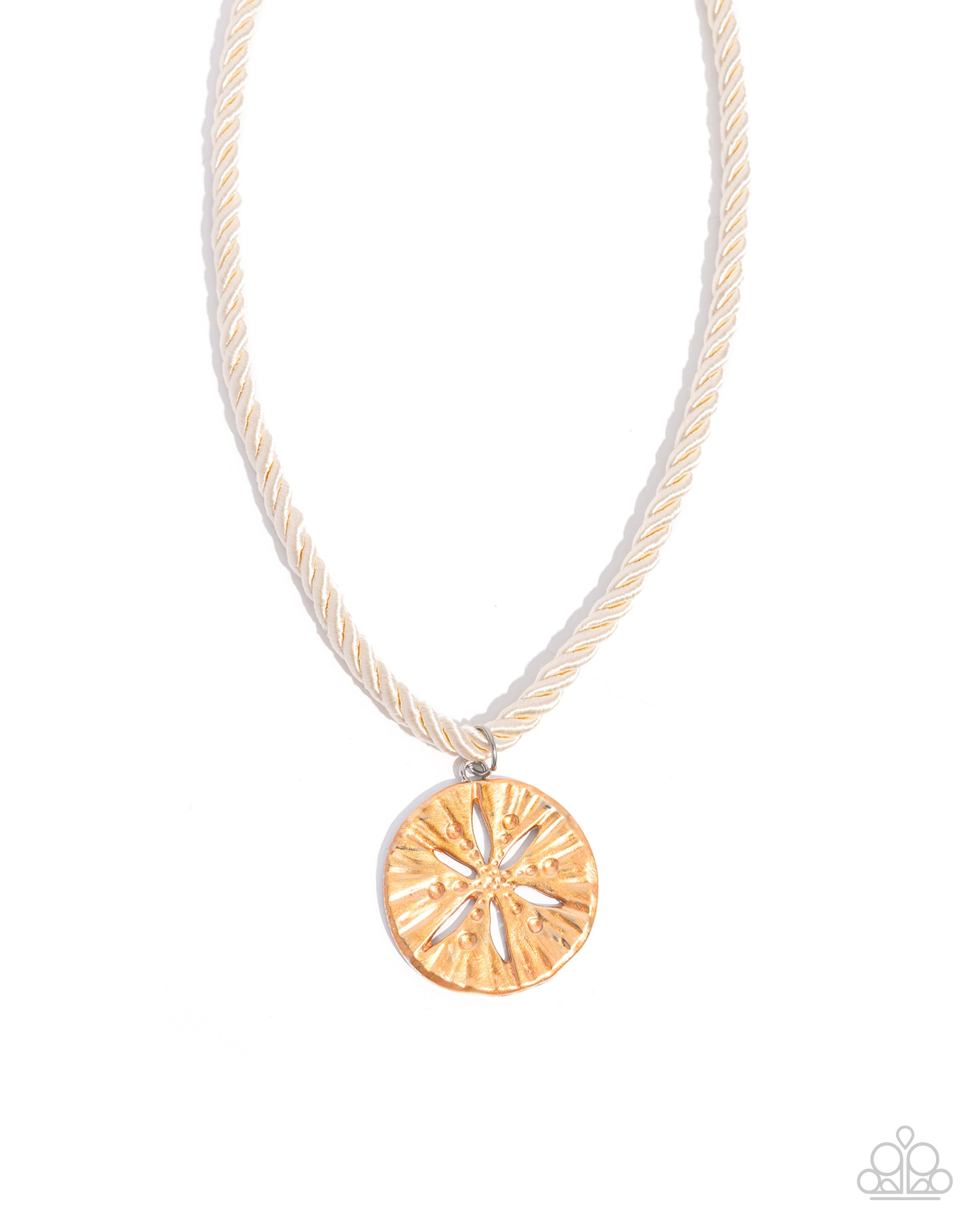 Necklace with a gold circular pendant on a white background